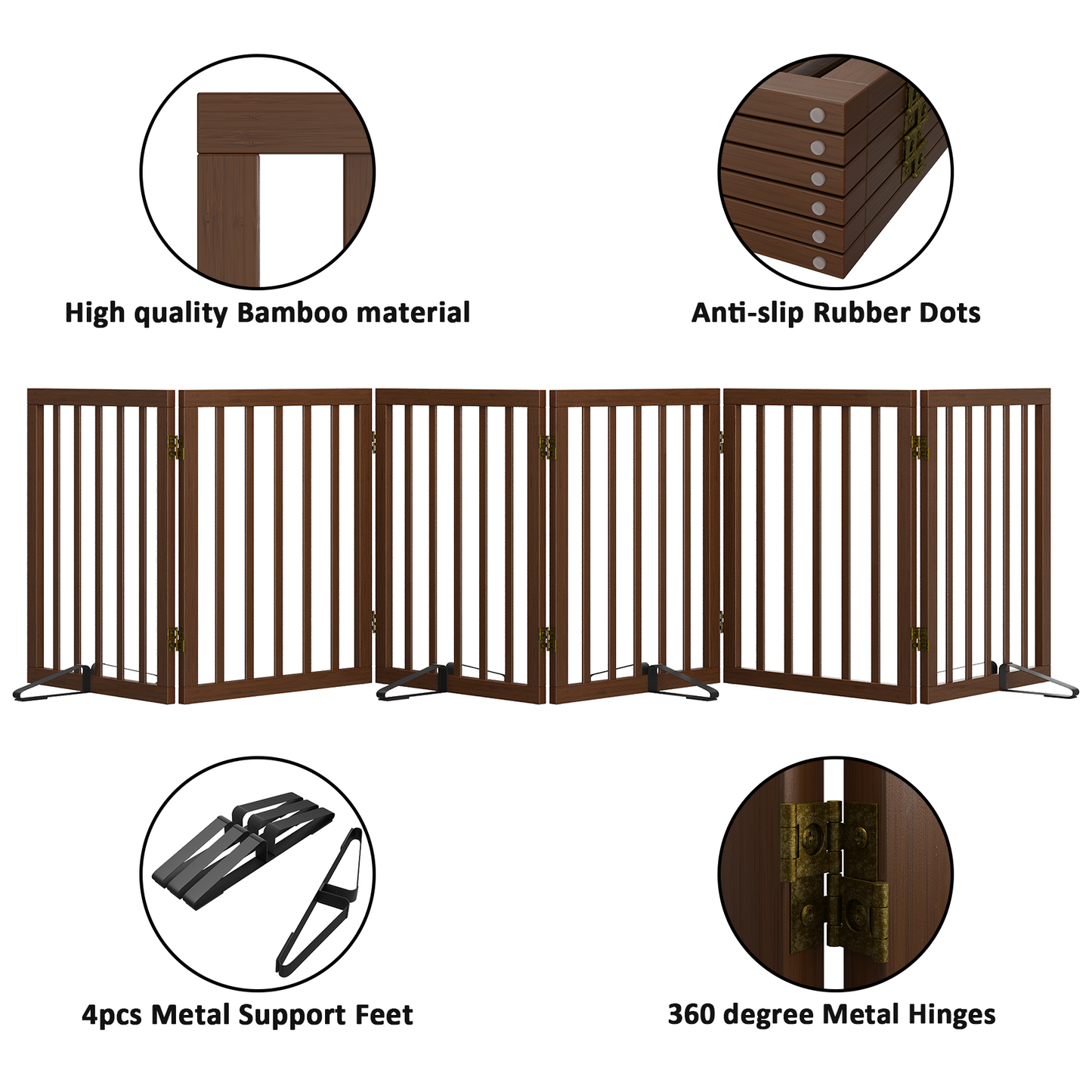 Smart FENDEE Bamboo Dog Gate Freestanding 6 Panel Pet Gate for Doorways, 4 Support Feet, Espresso