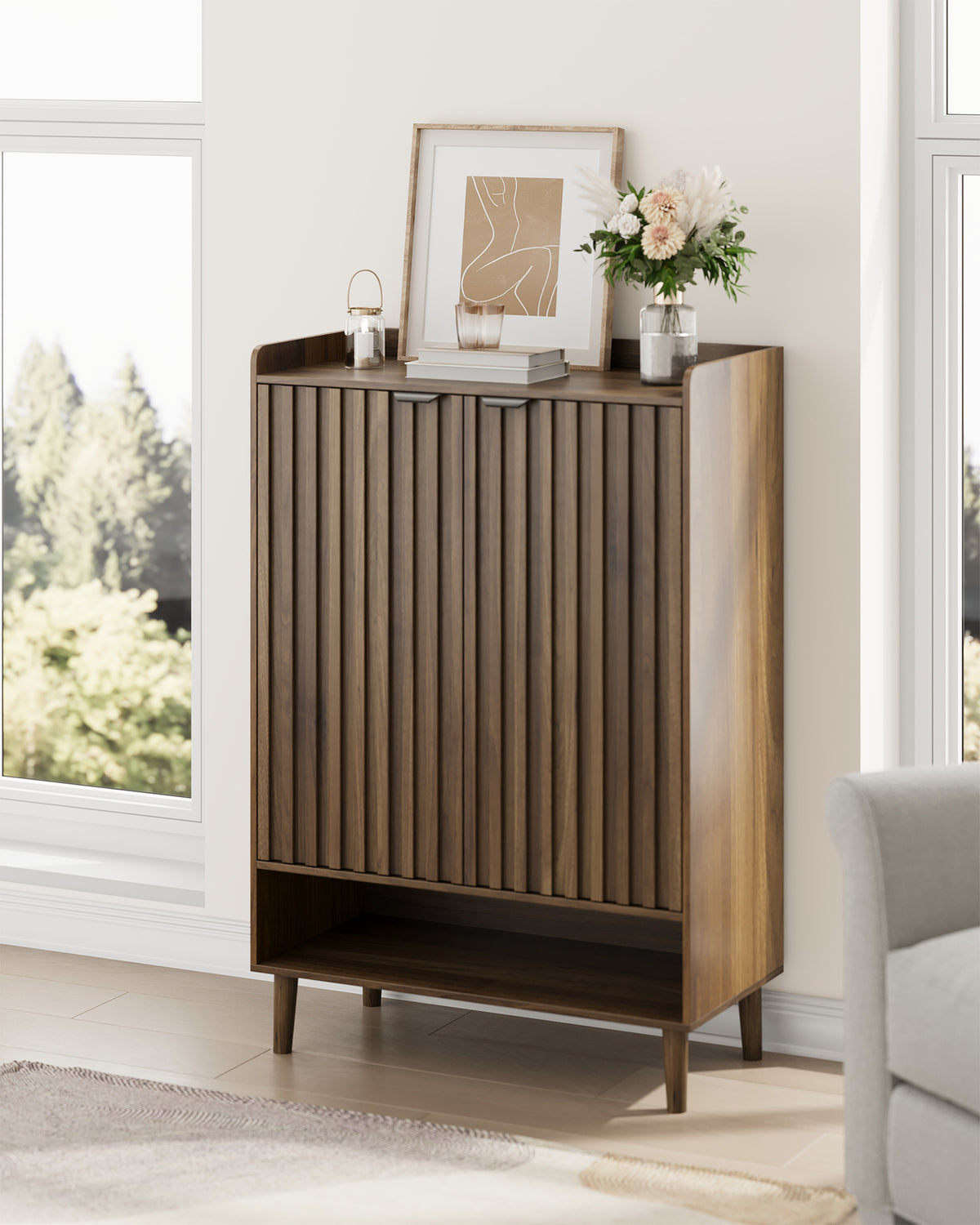 Smart FENDEE 6-Tier Shoe Storage Cabinet with 2 Fluted Doors, Entryway Shoe Storage, Walnut