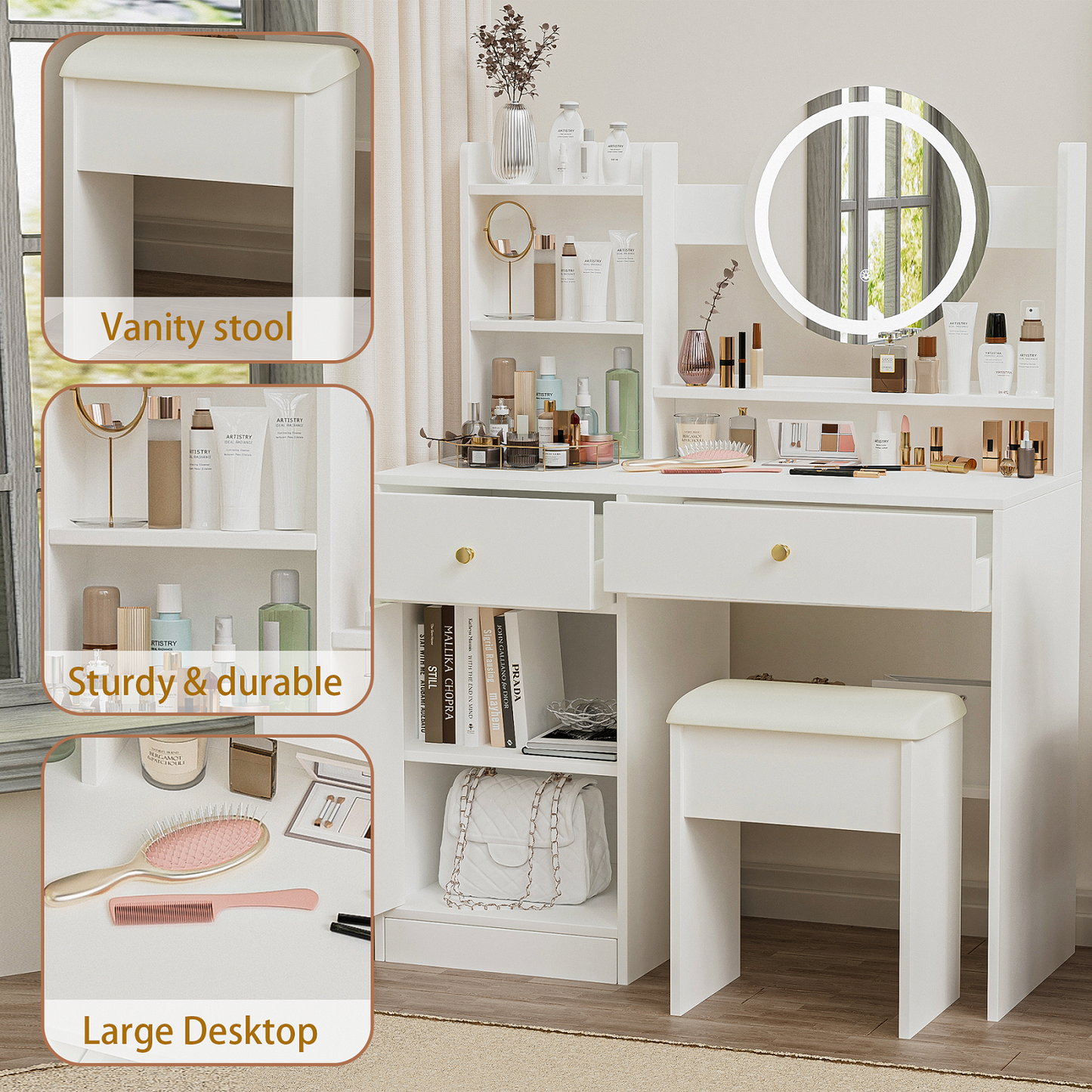 Smuxee Modern Vanity Set with Mirror and Cushioned Vanity Chair,Makeup Vanity for Bedroom,White