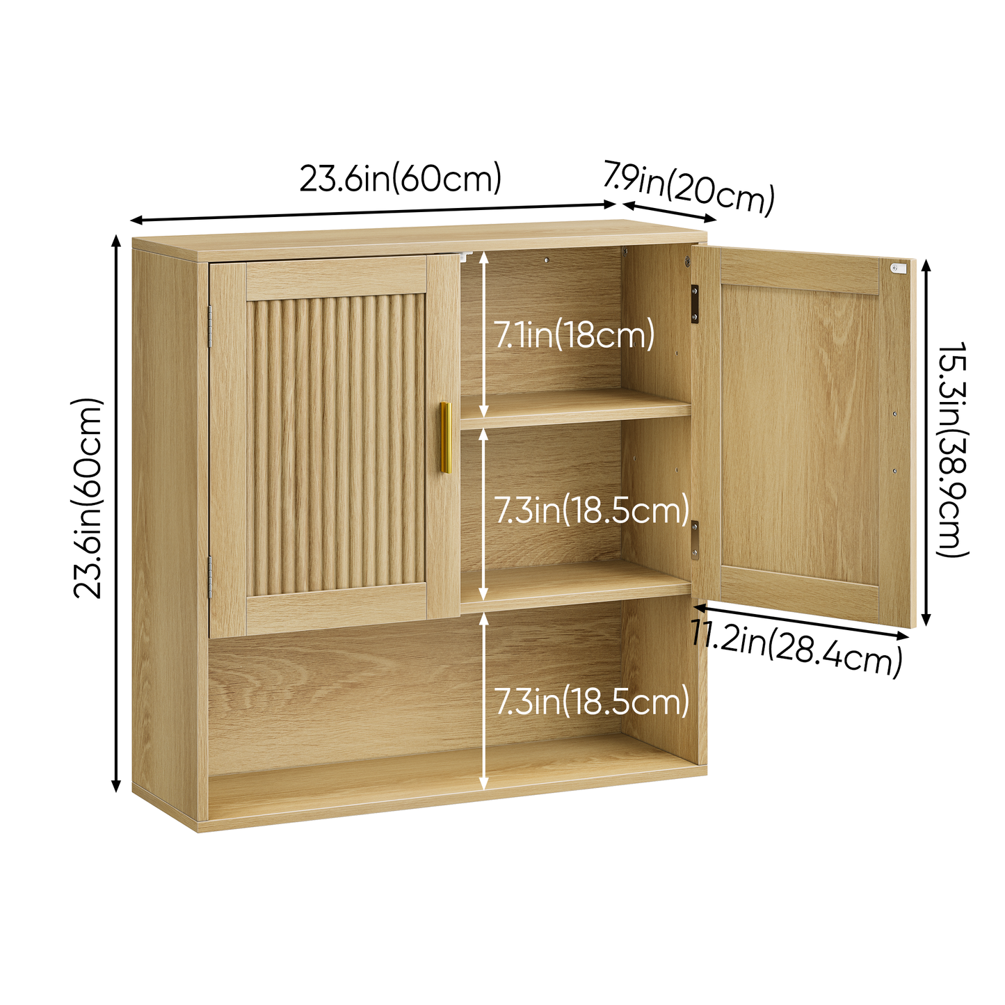 Semiocthome Wall Mounted Bathroom Cabinet Medicine Cabinet with Adjustable Shelves, Fluted Doors,Oak