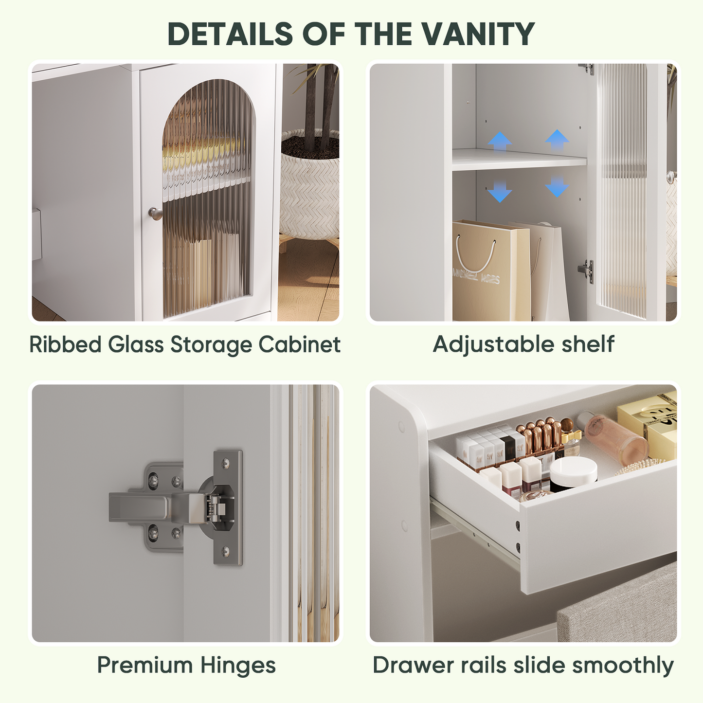 Algherohein Vanity Set with Mirror and Glass Storage,Makeup Vanity with Stool