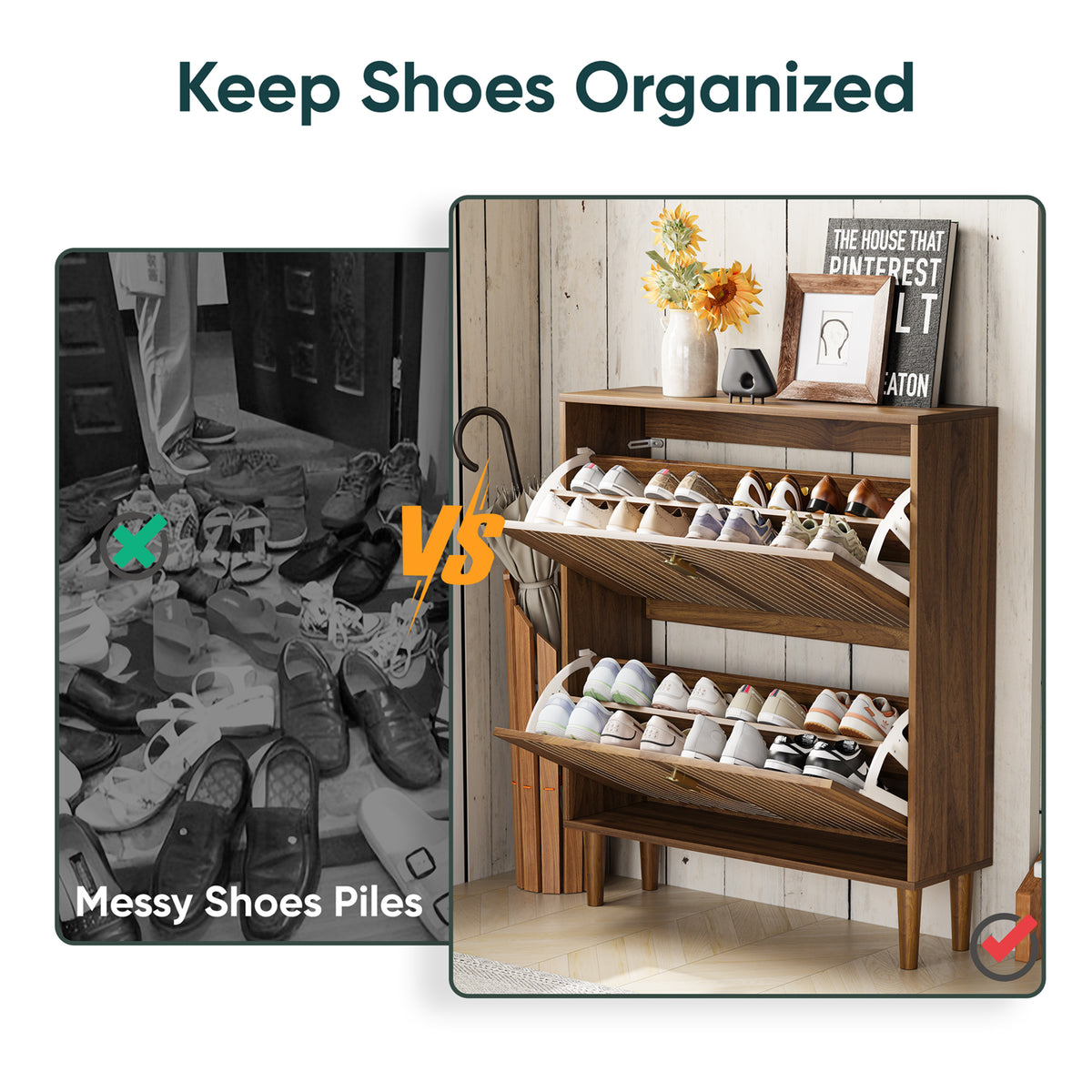 Smart FENDEE Shoe Cabinet with 2 Flip Drawers, Shoe Rack for Entryway, Hallway, 31.5", Walnut