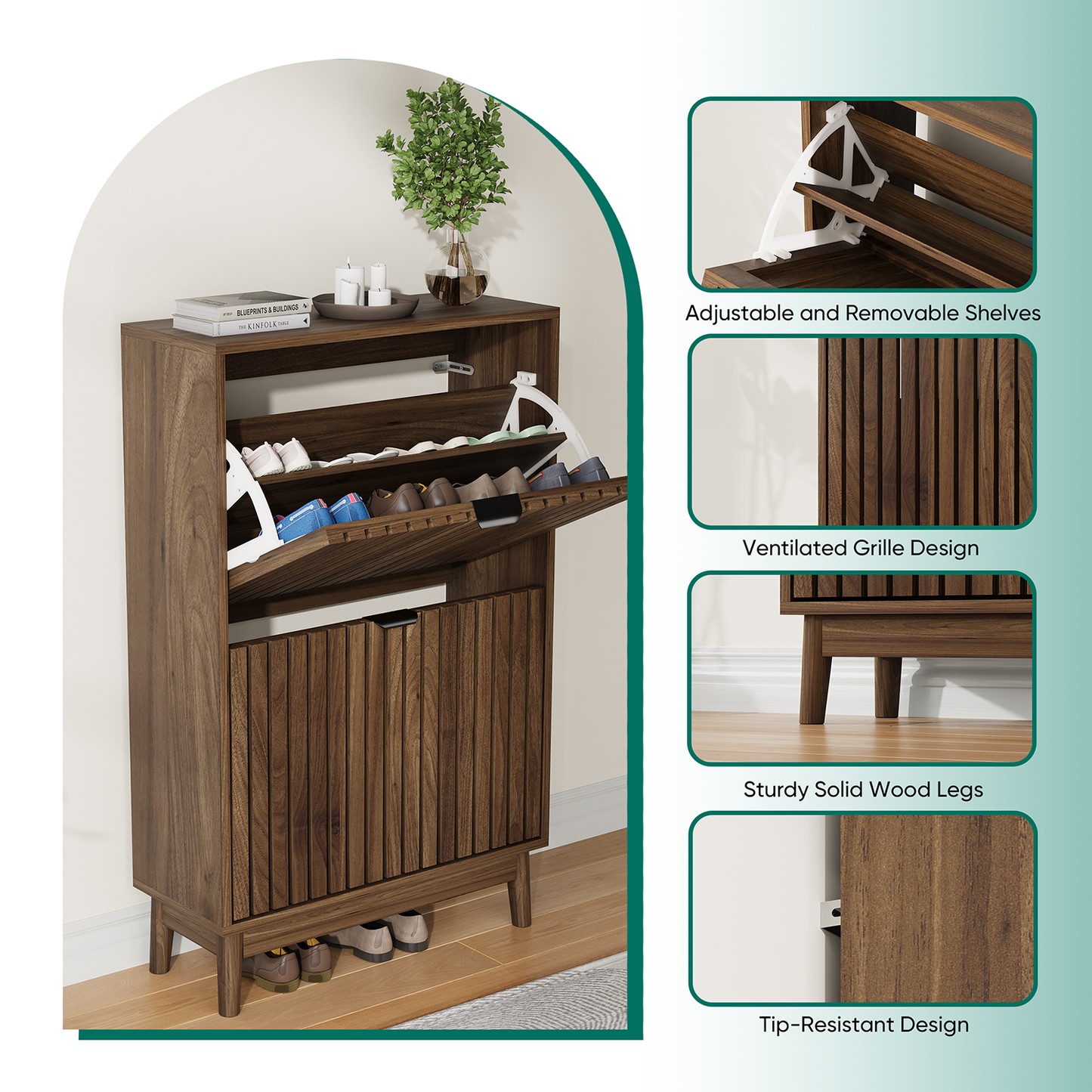 Semiocthome Modern Slim Space Saving Shoe Cabinet 2 Flip Down Slatted Doors 15 Pair Capacity Walnut 23.6 Inch Width