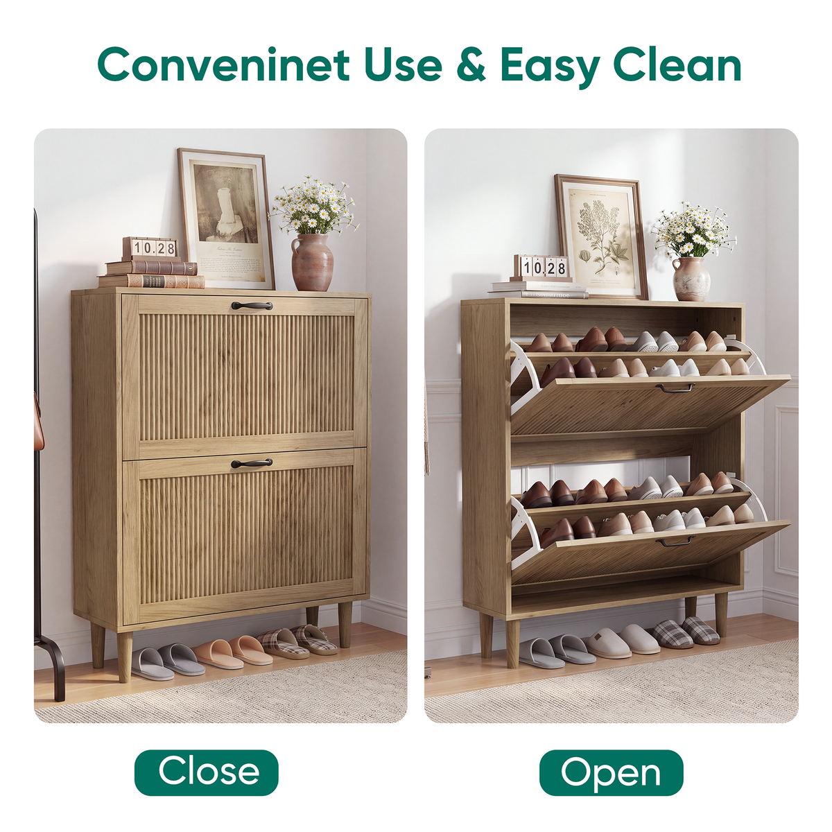 Semiocthome 31.5" Shoe Cabinet with 2 Flip Drawers, Small Fluted Doors, Shoe Storage Cabinet for Entryway,Natural