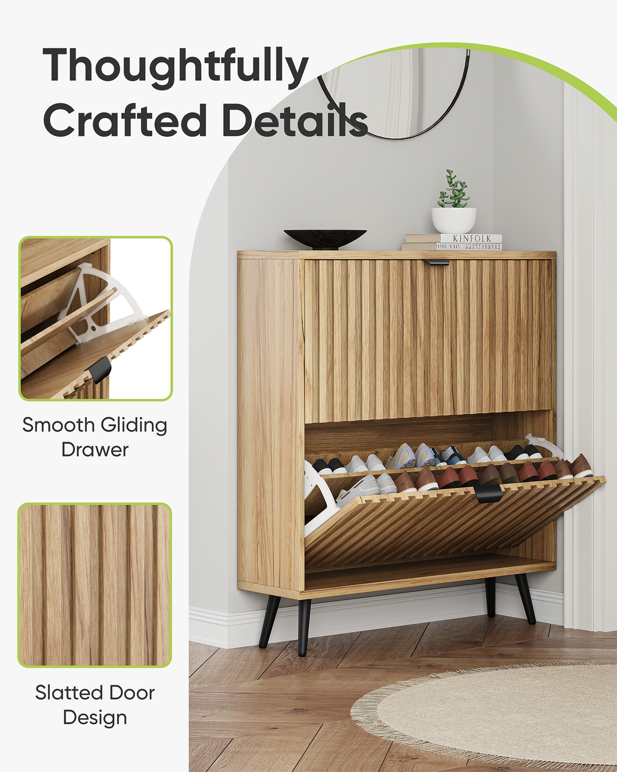 Smart FENDEE Shoe Cabinet with 2 Flip Drawers Freestanding Shoe Storage Cabinet, Entryway, Natural
