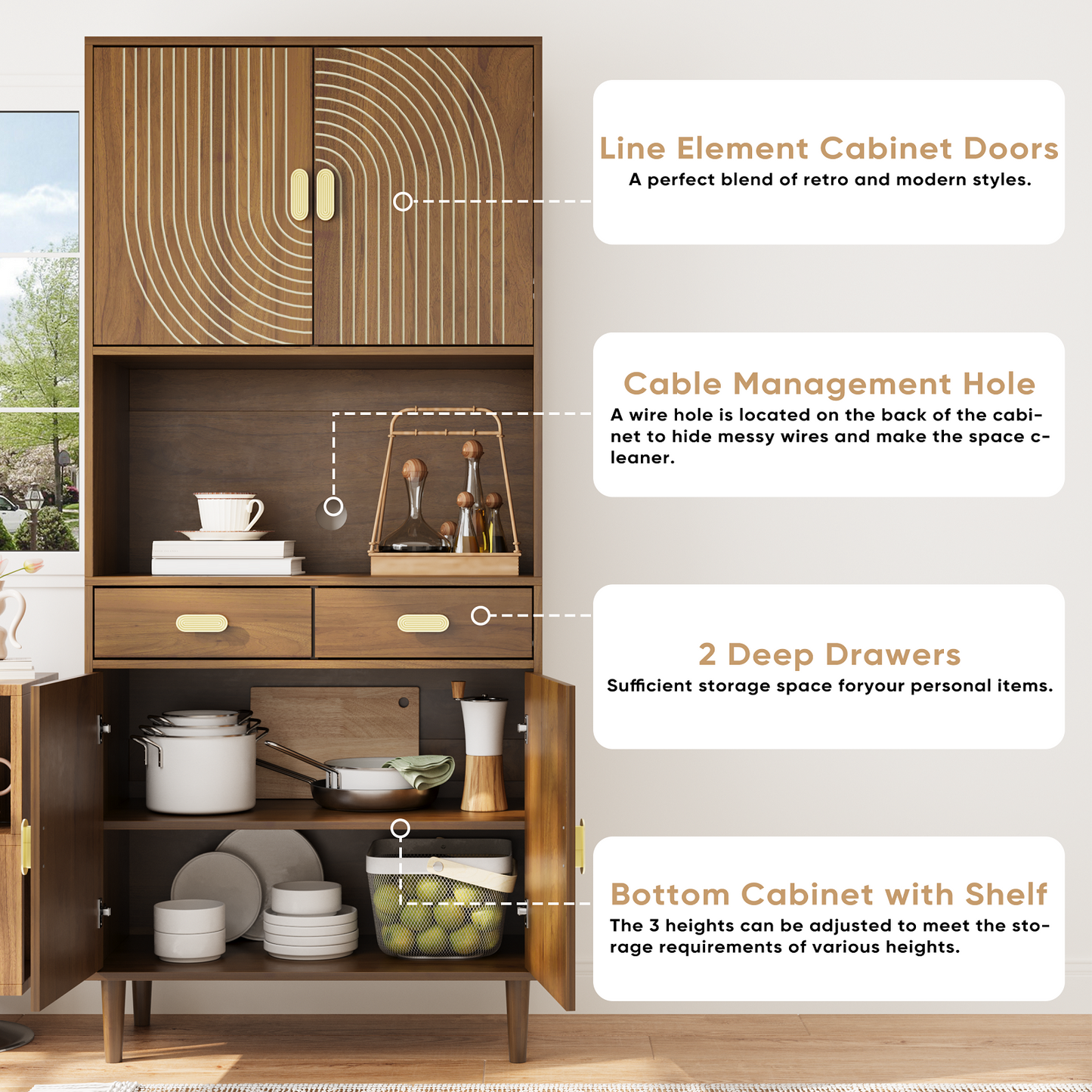 Algherohein Pantry Storage Cabinet with Doors and Drawers,Wood Kitchen Cabinets Storage