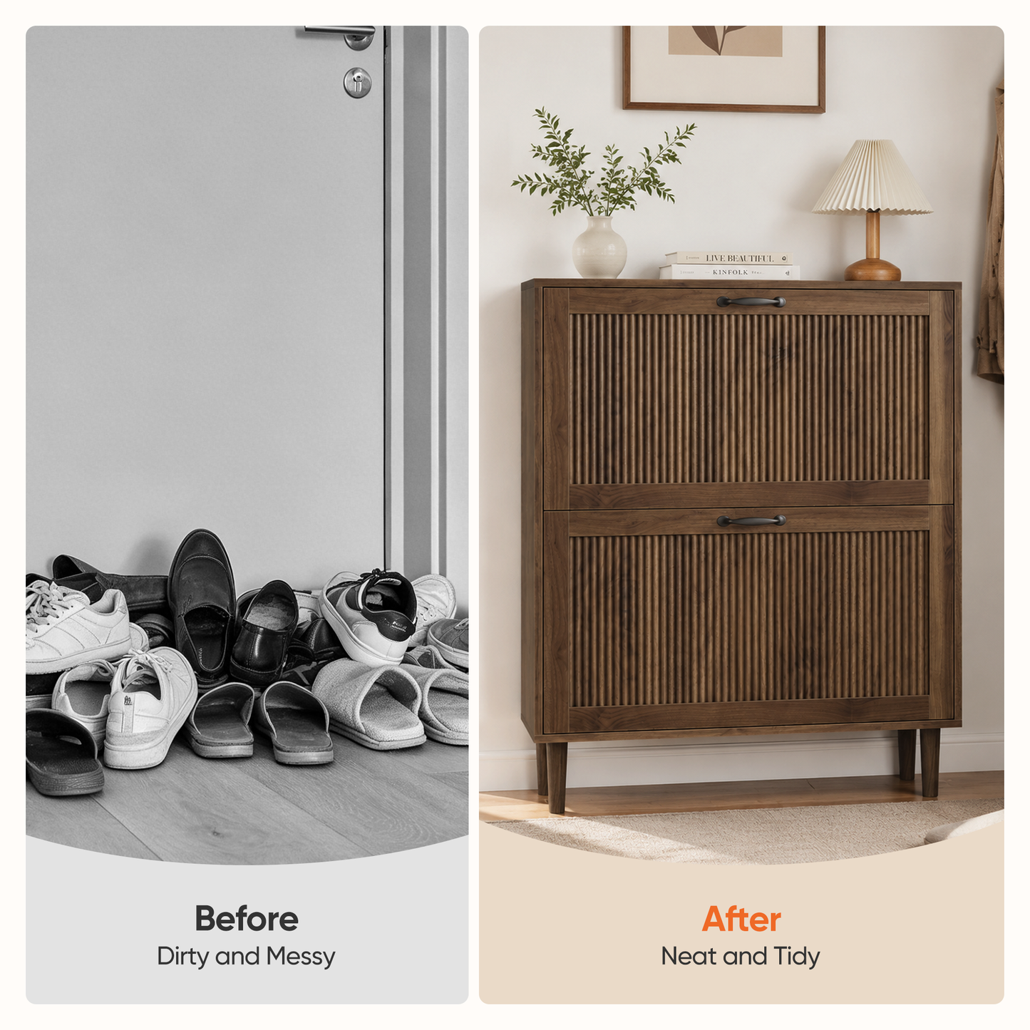 Semiocthome Shoe Cabinet Small Fluted Doors 2 Flip Drawers Entryway Walnut 31.5"