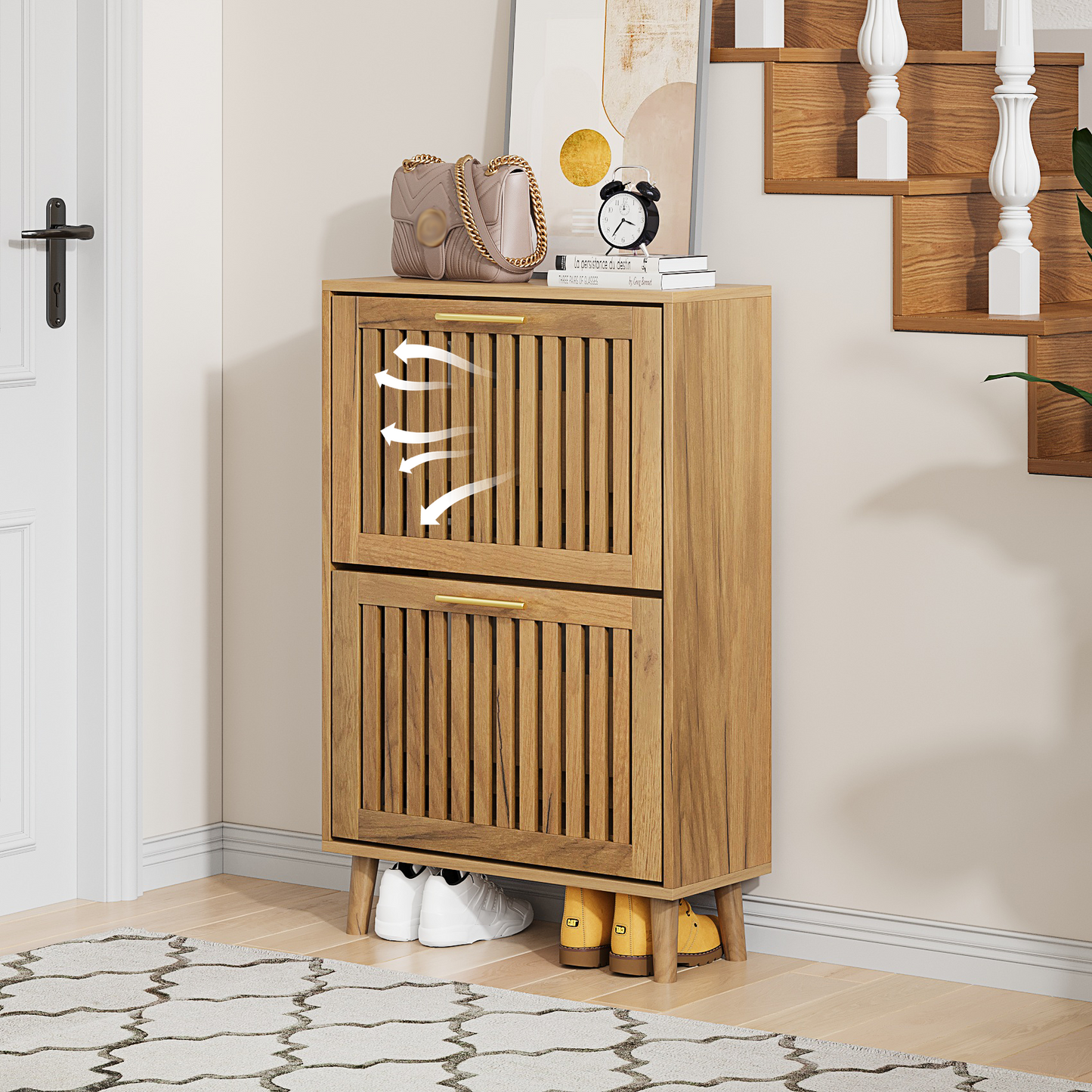 Semiocthome 23.6" Shoe Storage Cabinet with 2 Flip Louvered Drawers for Entryway, Hallway, Natural