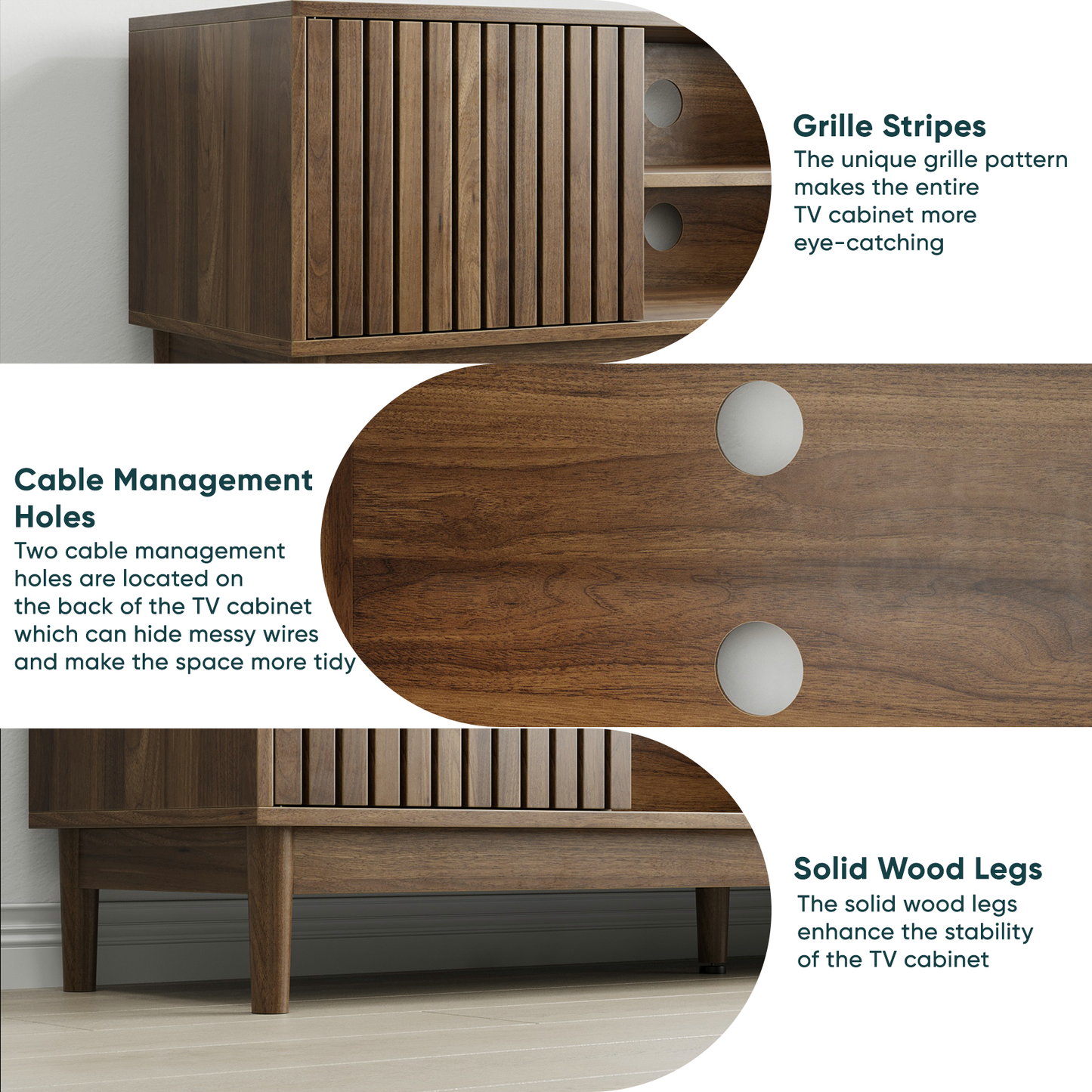 Semiocthome 55" TV Stand with Slatted Doors and Cable Holes, Entertainment Center for Living Room, Walnut