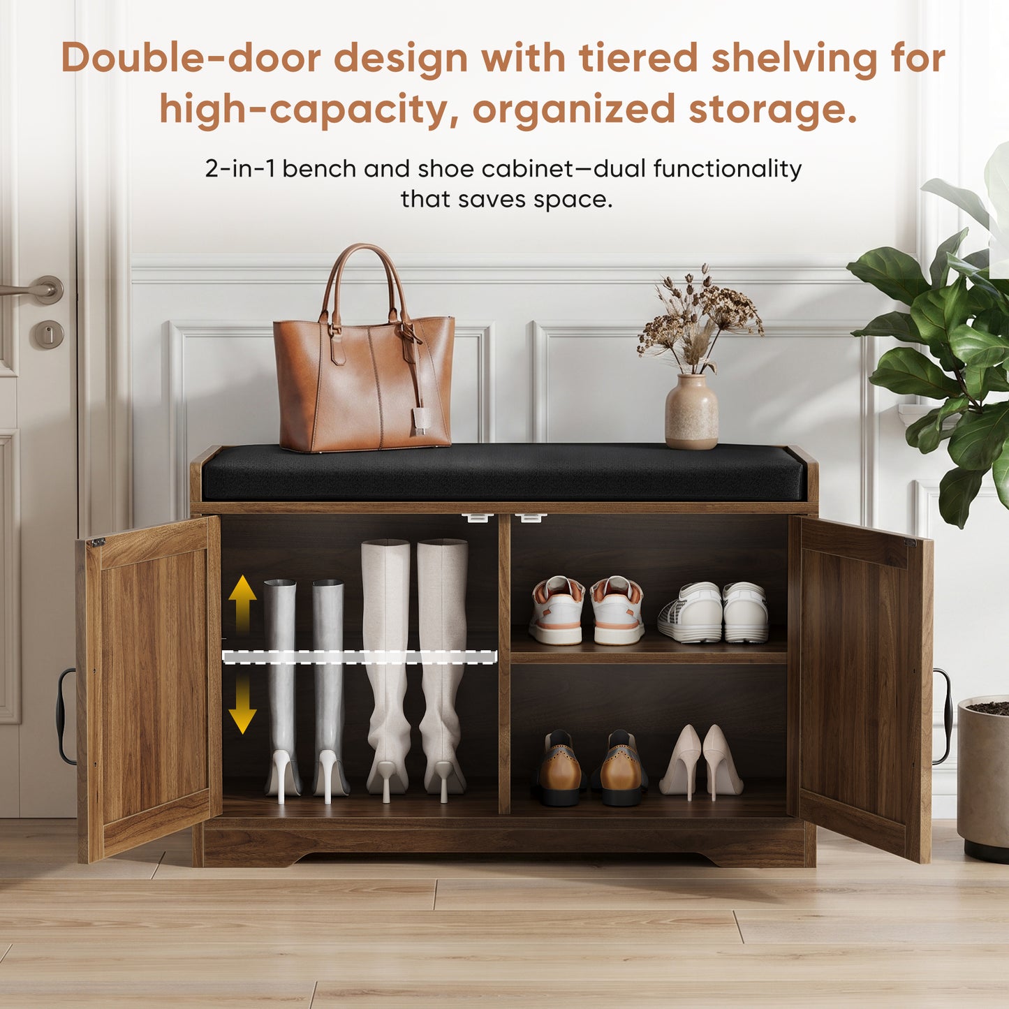 Semiocthome Shoe Bench with Storage for Entryway, Shoe Cabinet with Thick Padded Cushion, Walnut