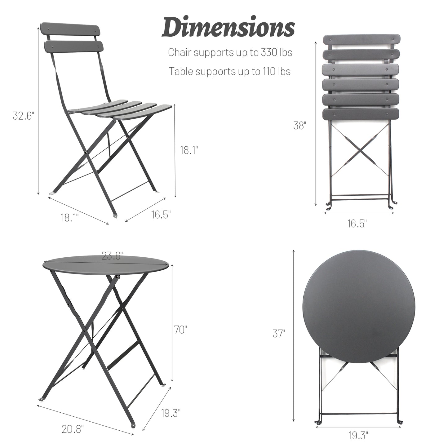 Algherohein Patio Metal Foldable 2-Seat Chairs and Table Set,Outdoor Garden Furniture Sets,Black