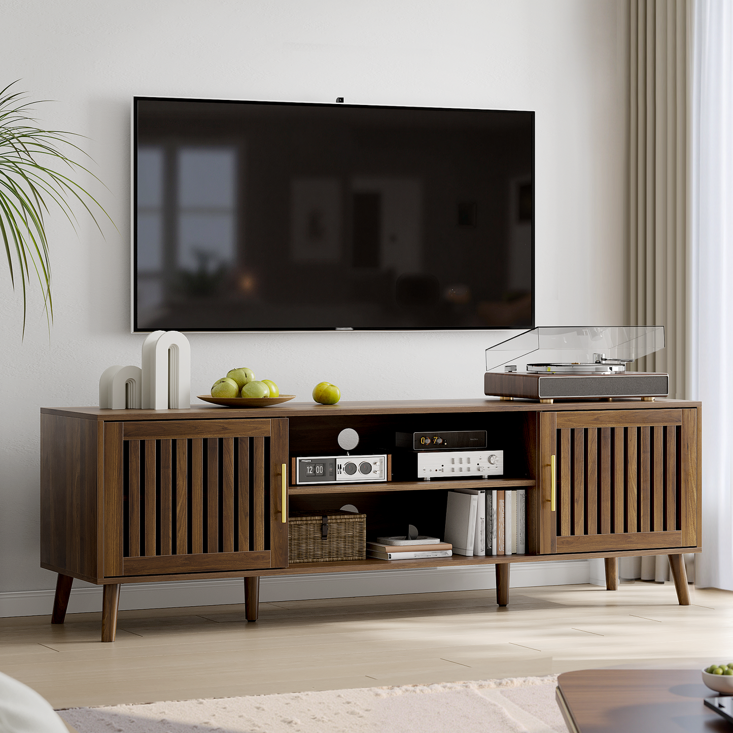 Algherohein TV Console Entertainment Center,65 Inch TV Stand with Adjustable Shelf and Slatted Door