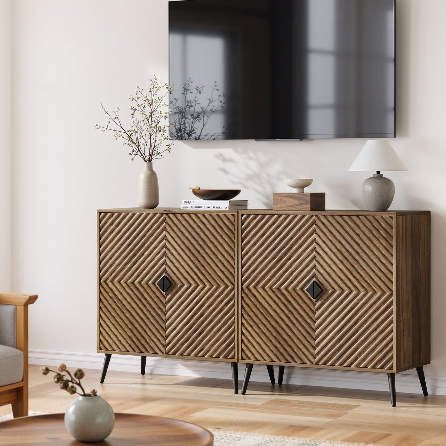 Algherohein Sideboard Cabinet with Two Doors Adjustable Shelves,Freestanding TV Stand,Coffee Bar for Kitchen, Living Room, Walnut