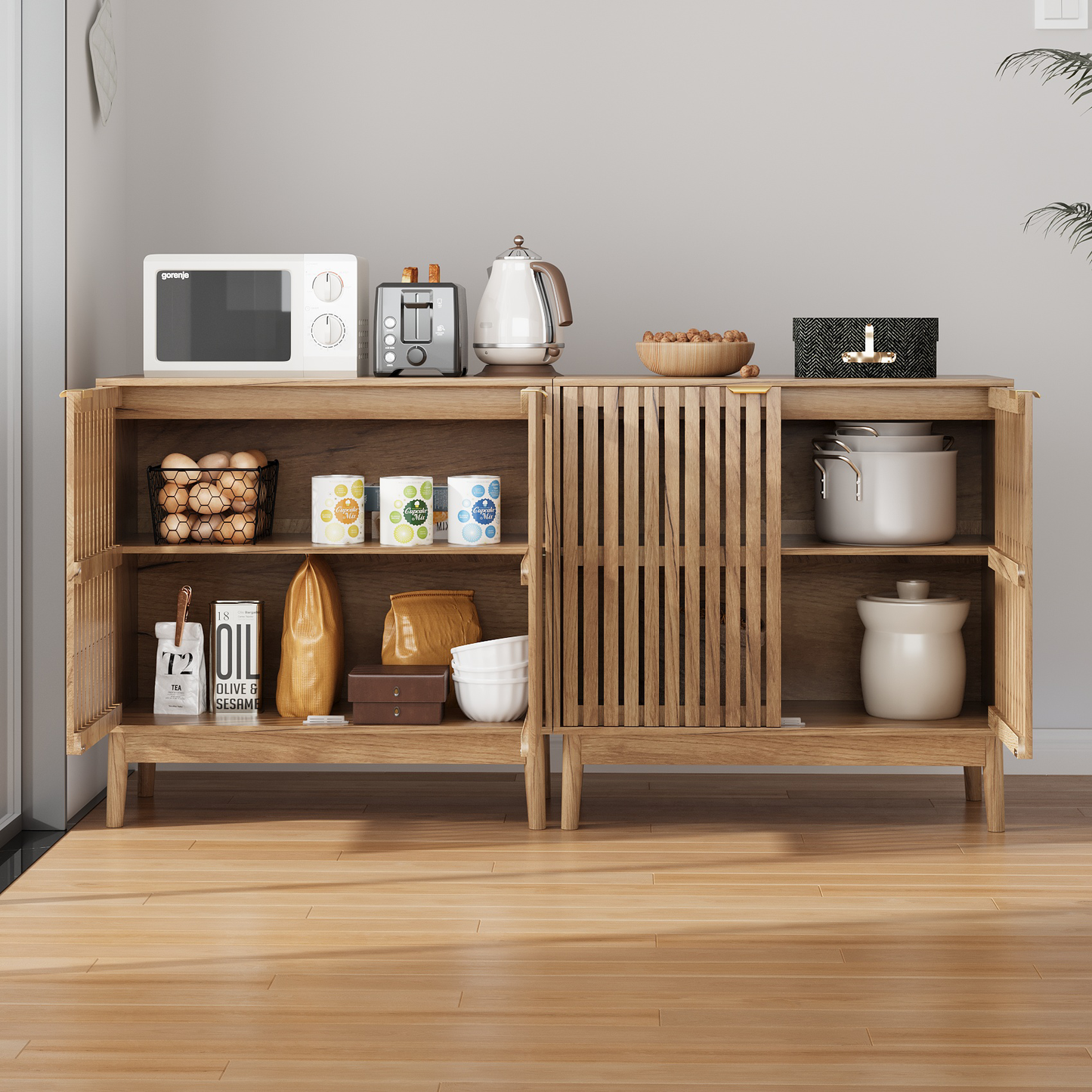 Algherohein Sideboard Cabinet with 4 Door & Adjustable Shelves, Kitchen Storage Organizer, Home Decor TV Stand for Living Room, Oak