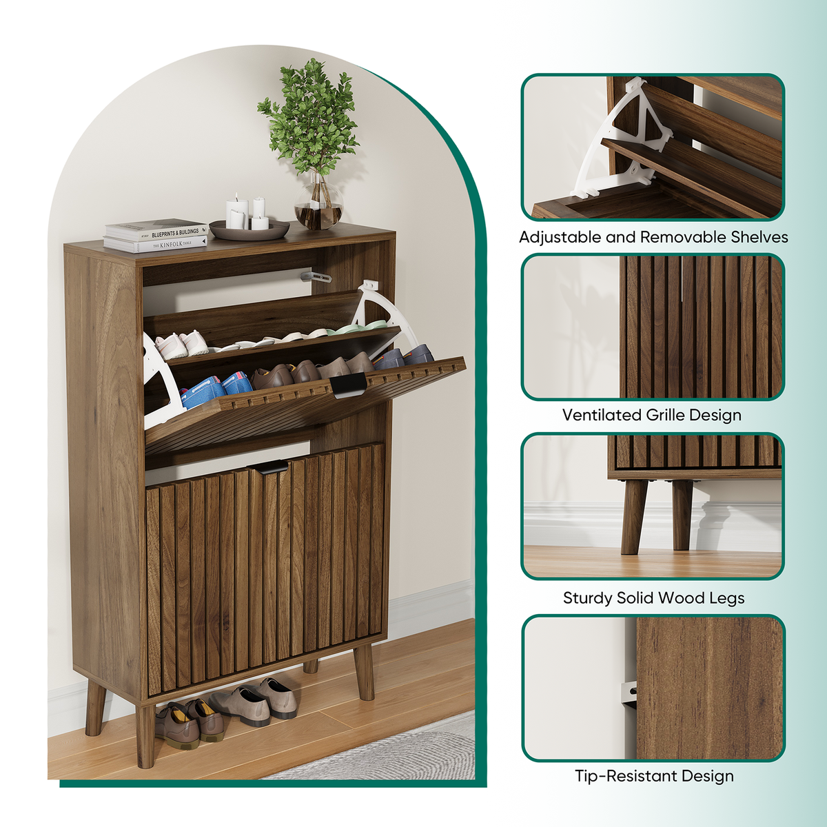 Semiocthome 23.6" Shoe Cabinet, Shoe Storage Cabinet with 2 Flip Drawers, Ventilated Grille Design,Tall Legs,Entryway, Walnut