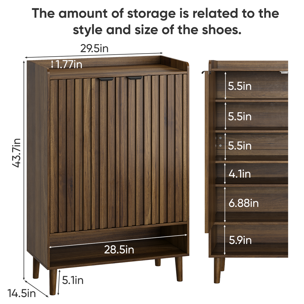 Semiocthome 6-Tier Shoe Cabinet with Fluted Doors and Adjustable Shelves, Shoe Storage for Entryway,Walnut
