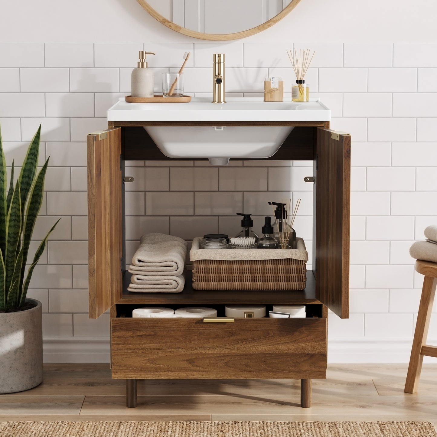 Semiocthome 24" Bathroom Vanity with Ceramic Sink, Storage Cabinet with 1 Drawers and 2 Fluted Doors, Walnut