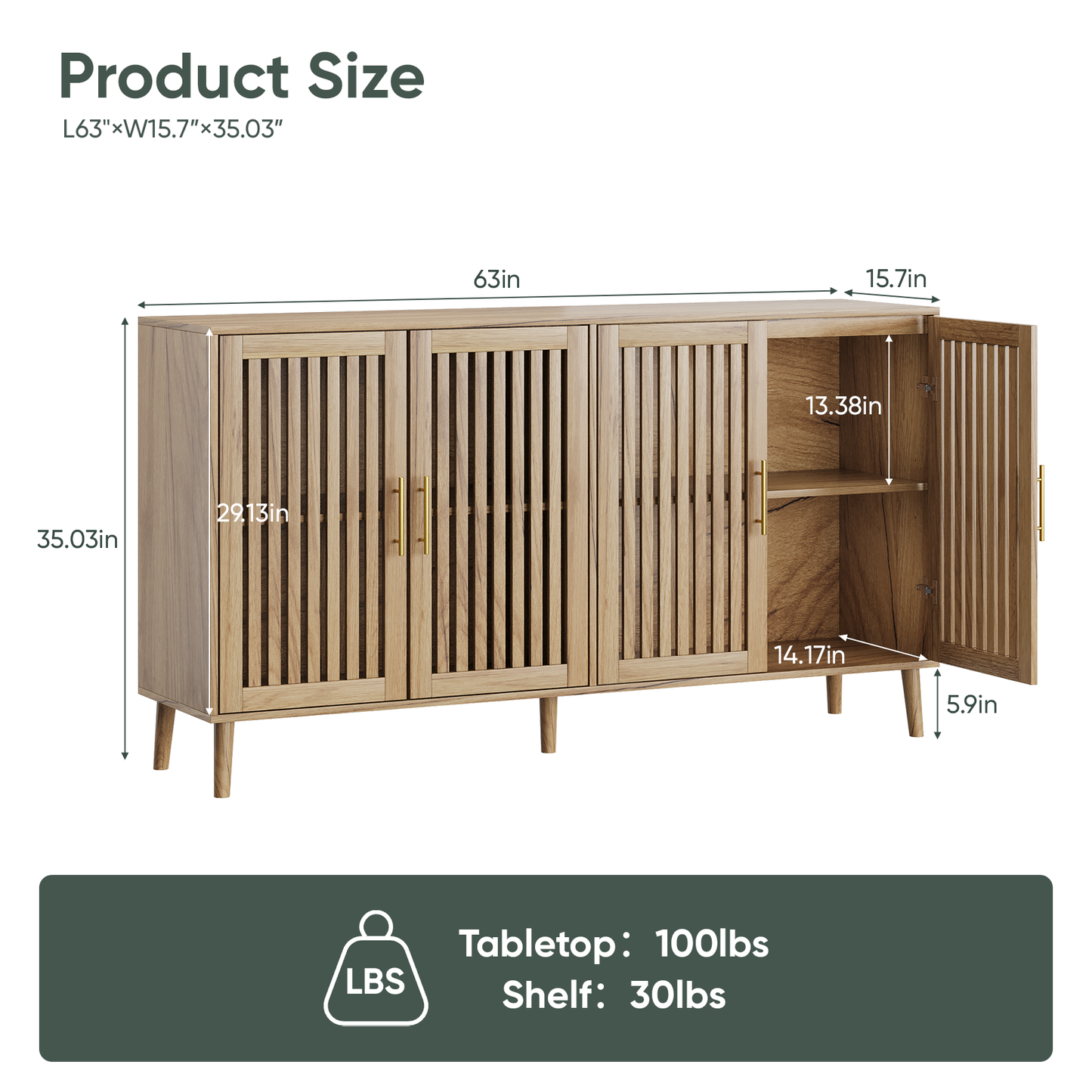 Smart FENDEE 63"W Sideboard Storage Cabinet with Slatted Doors and Adjustable Shelf,Dining Room,Natural