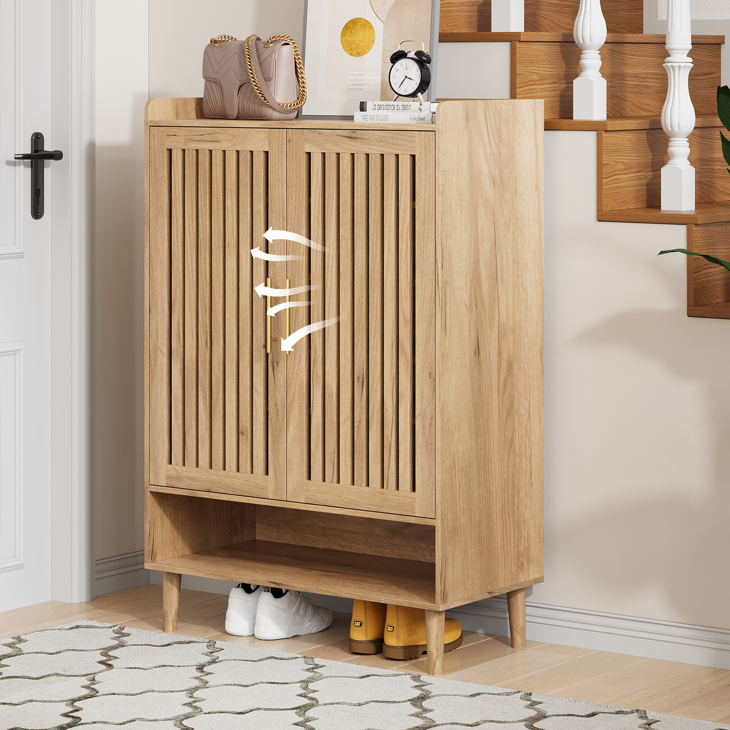 Smuxee Retro Shoe Storage Cabinet with 2 Door,Entryway Freestanding Wood Shoe Organizer for Shoes,Heels, Boots, Slippers,Walnut 31.5"W