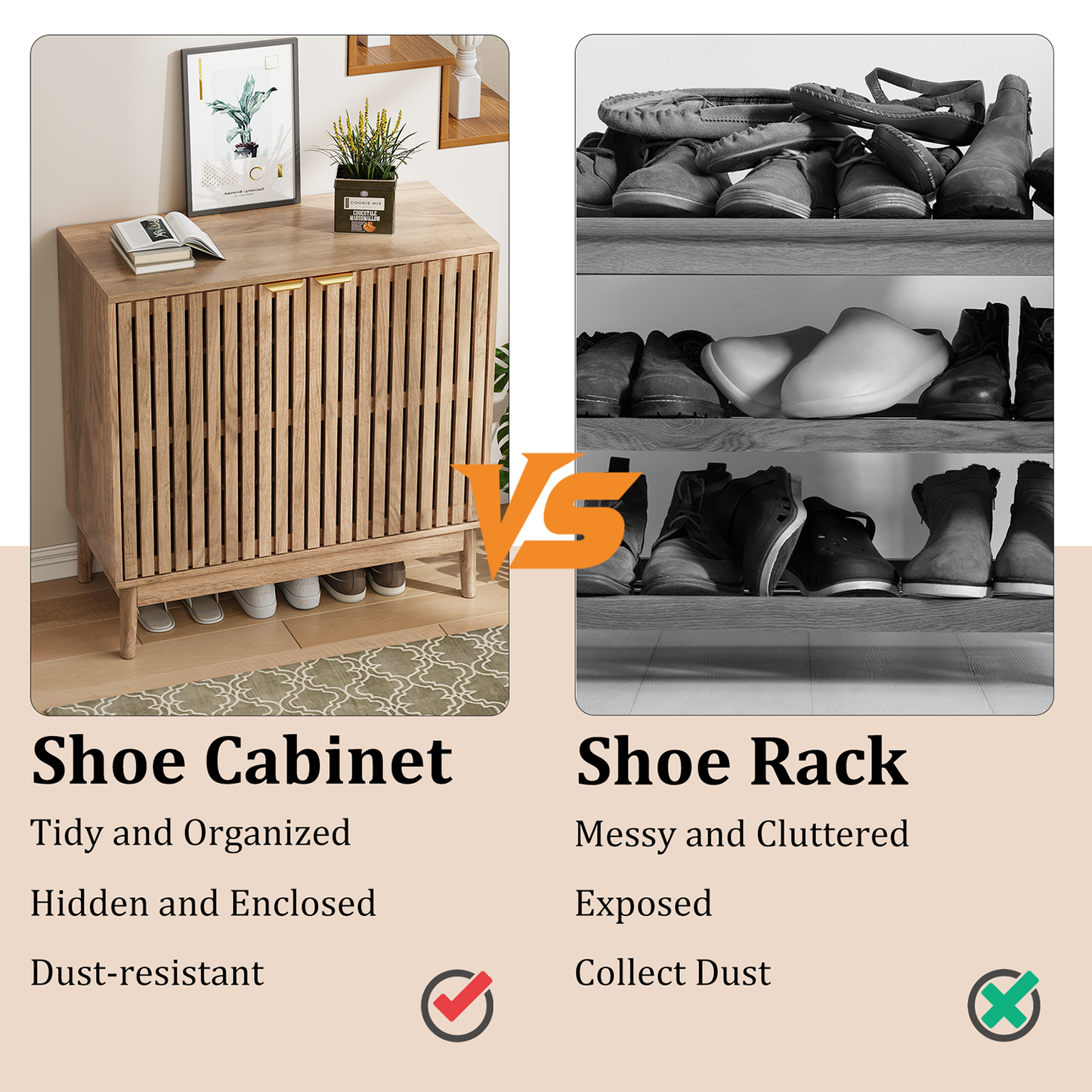 Semiocthome 4 Tiers Shoe Storage Cabinet for Hallway, 2-Door, 16 Pairs Shoe Rack Organizer, Natural