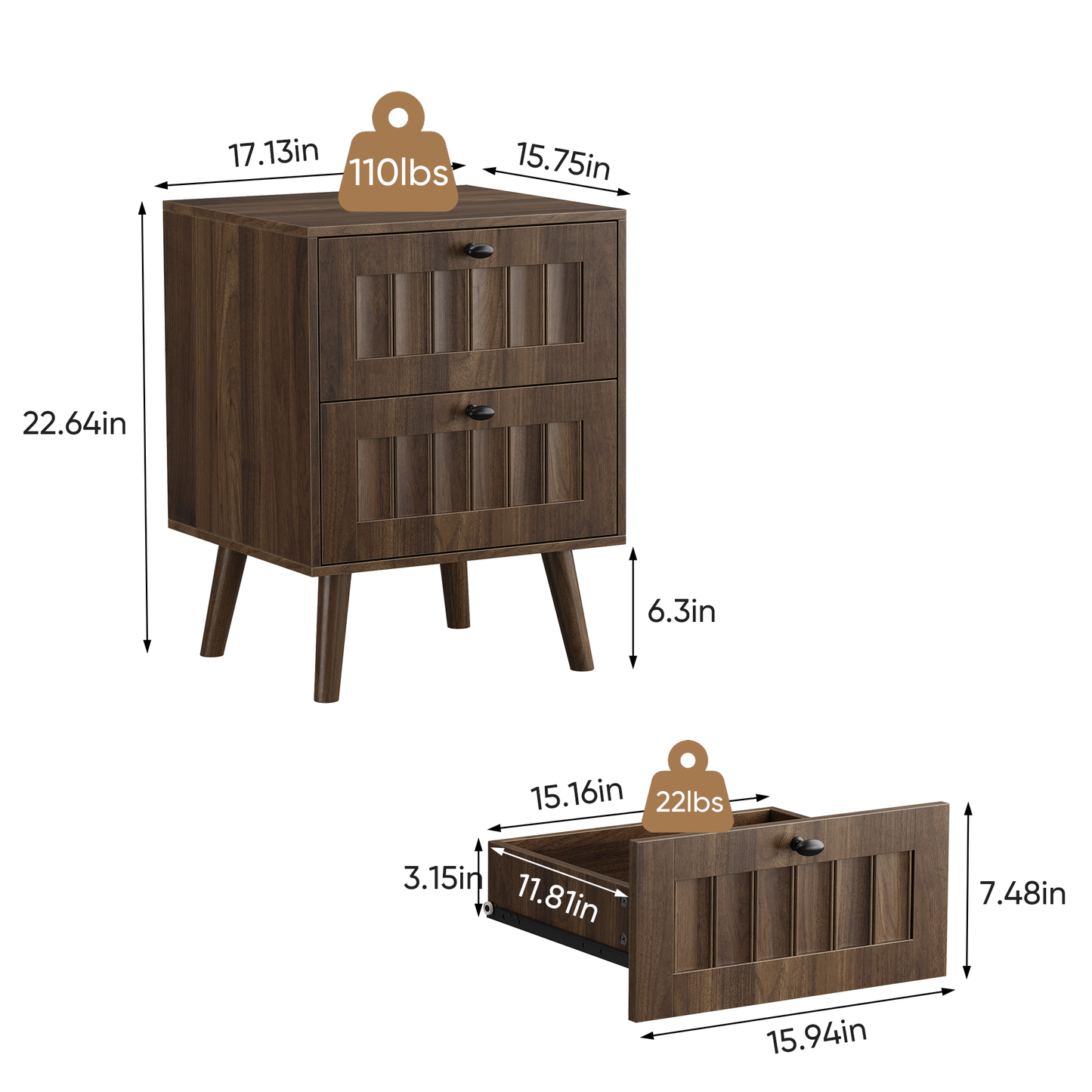 Semiocthome Nightstand Set of 2, bedside table with 2 Drawers, end tables for bedroom, Walnut