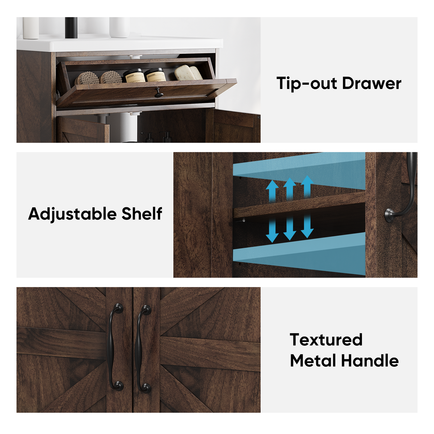 24" Bathroom Vanity with Ceramic Sink, Freestanding Bathroom Storage Cabinet with Barn Door and Flip-Down Drawer, Walnut