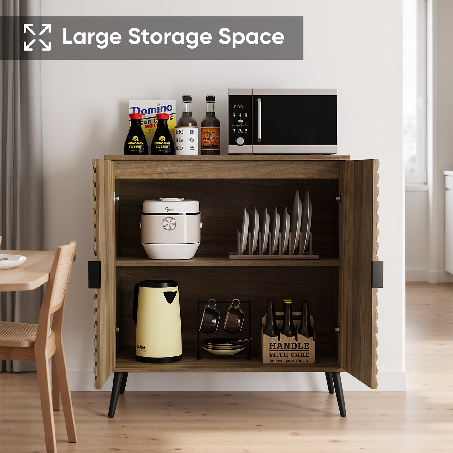 Semiocthome Buffet Cabinet with V-Shape Fluted Doors, Coffee Bar, 1 Shelf, Walnut