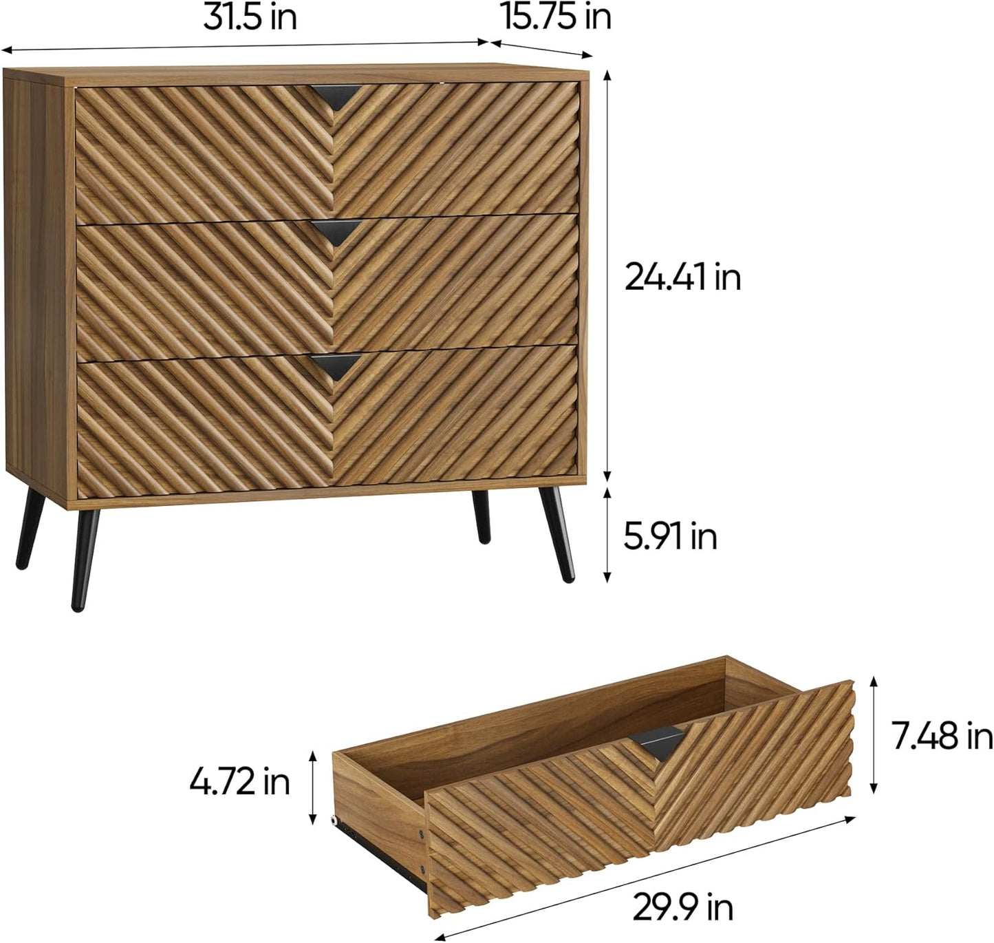 Semiocthome Modern 3 Drawer Dresser, Chest of Drawers with Diamond Doors for Bedroom, Walnut, Adult