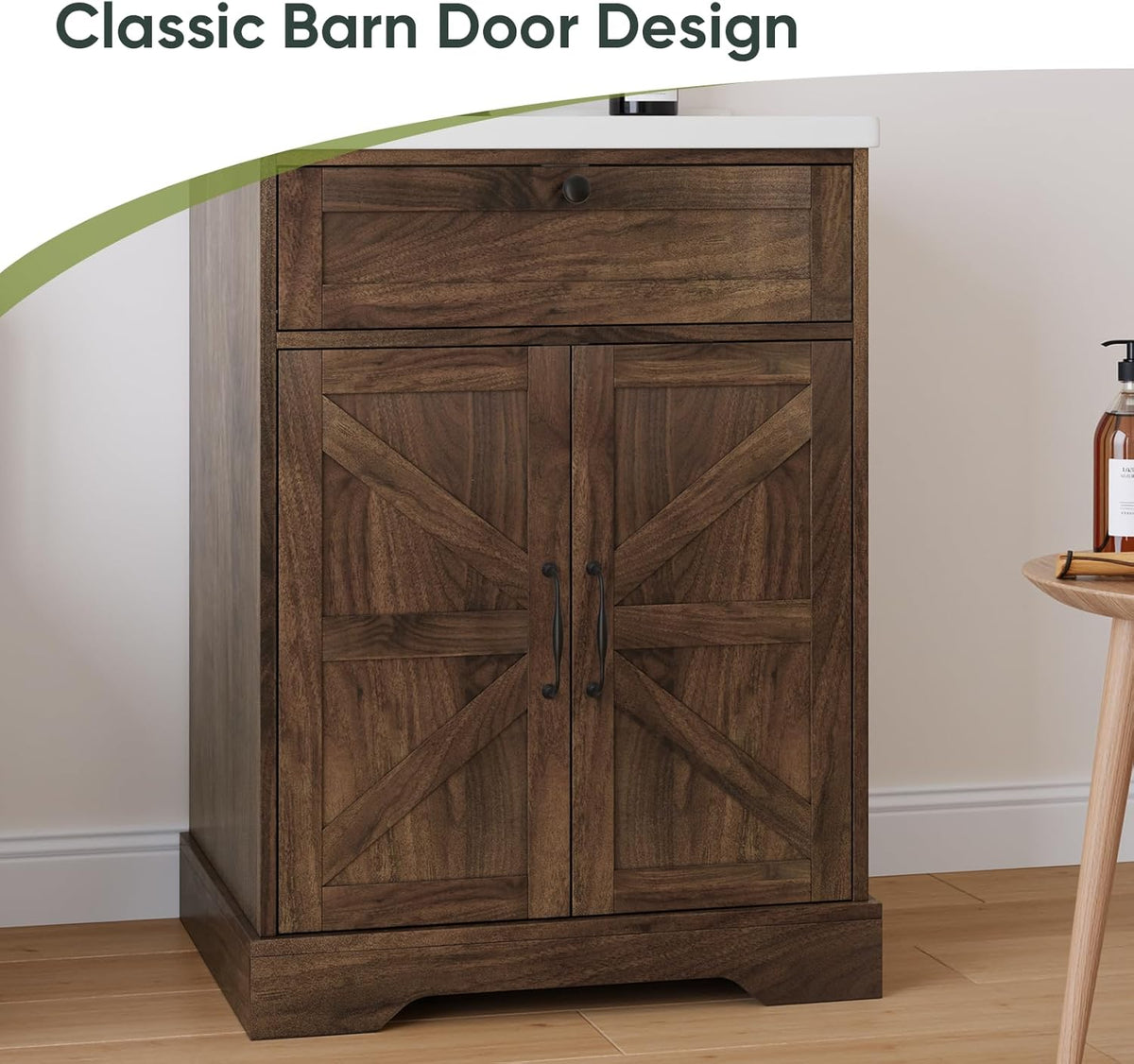 Smart FENDEE 23.62" Bathroom Vanity with Sink, Storage Cabinet with Barn Door & Drawer, Walnut