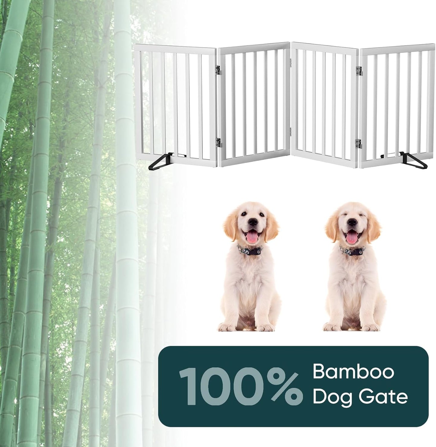 Smart FENDEE Foldable Dog Gate Bamboo Pet Gate Extra Wide Dog Fence for Doorway,24"H,White,4 Panels