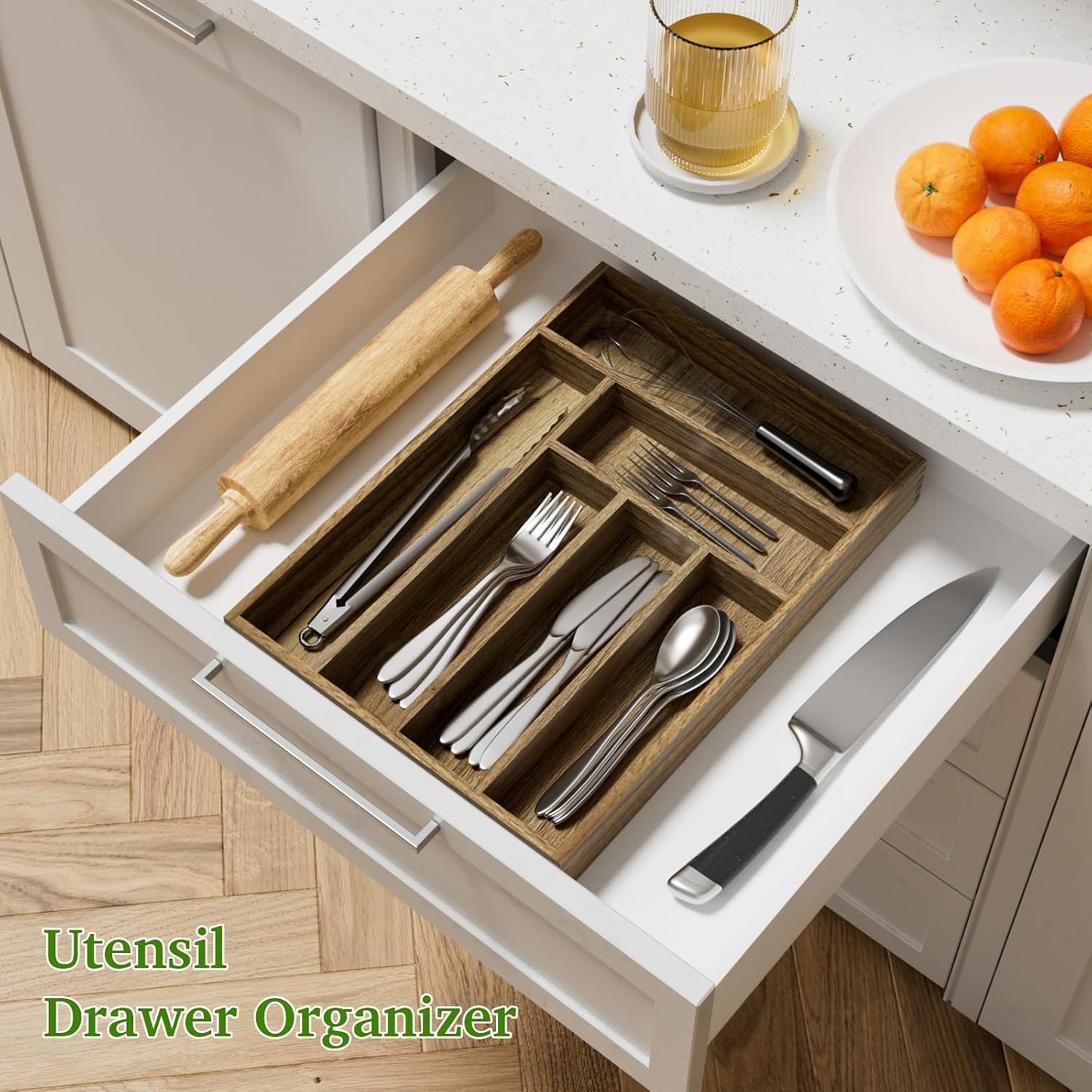 Semiocthome Acacia Wood Drawer Organizer Kitchen Silverware Organizer Utensil Caddy,6 Slots