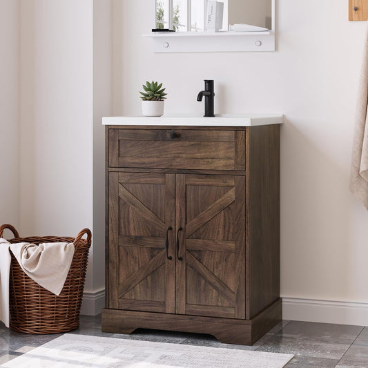 Smart FENDEE 23.62" Bathroom Vanity with Sink, Storage Cabinet with Barn Door & Drawer, Walnut