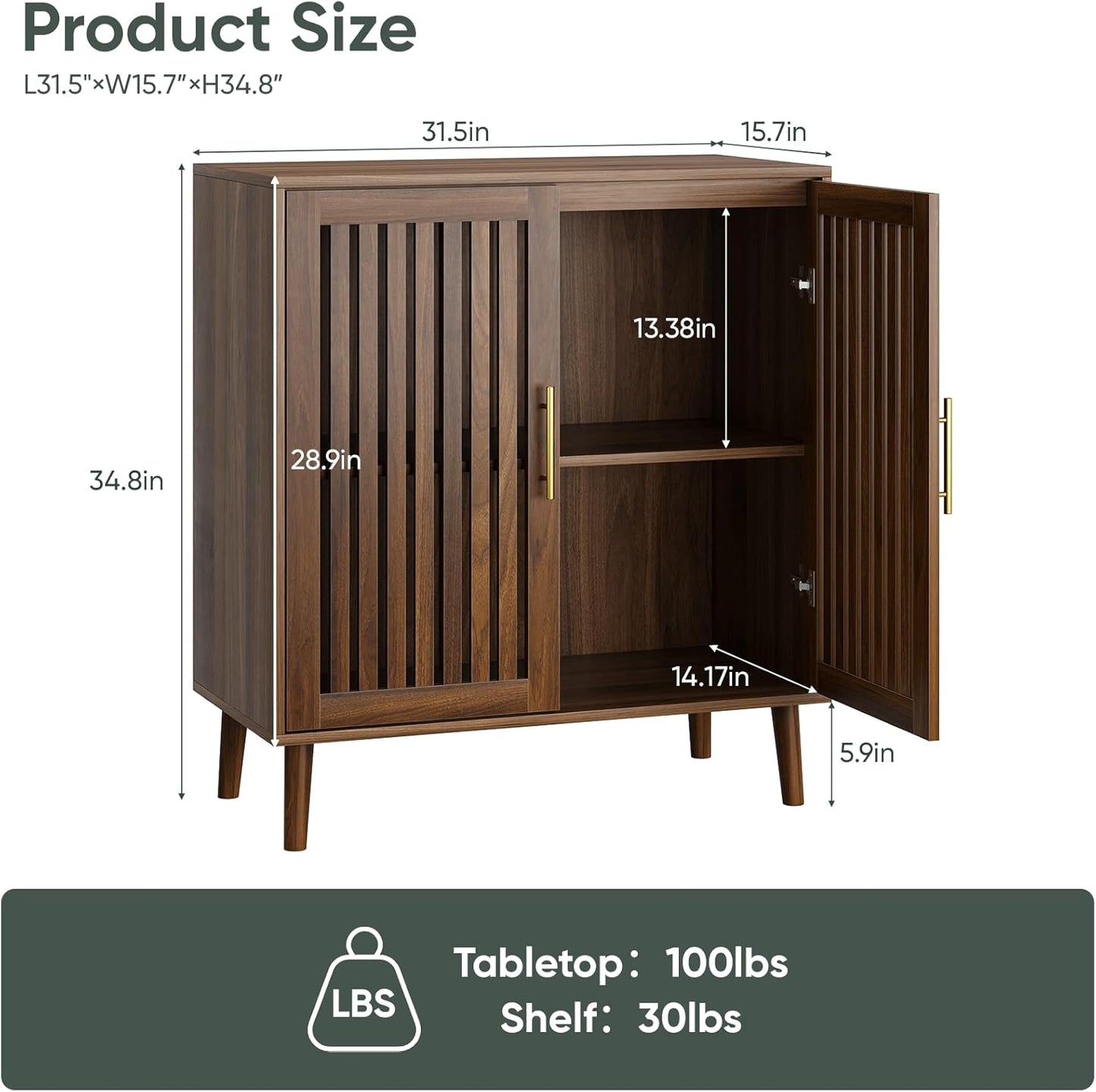 Smart FENDEE 31.5"W Sideboard Storage Cabinet with Slatted Doors and 1 Adjustable Shelf, Walnut