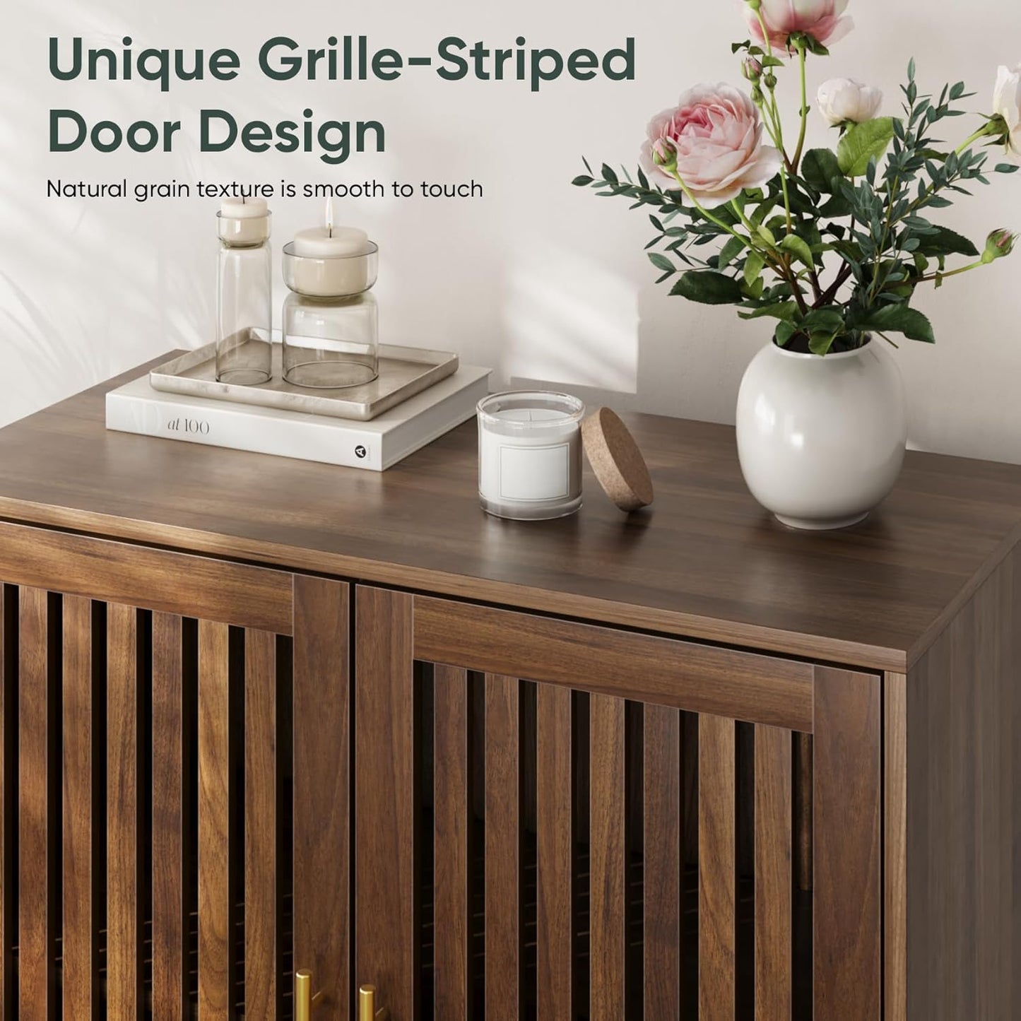 Smart FENDEE 31.5"W Sideboard Storage Cabinet with Slatted Doors and 1 Adjustable Shelf, Walnut