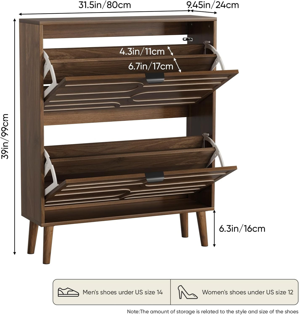 Smart FENDEE Freestanding Shoe Storage Cabinet, 2 Drawers, 2 Shelves, Holds 20 Pairs, Walnut