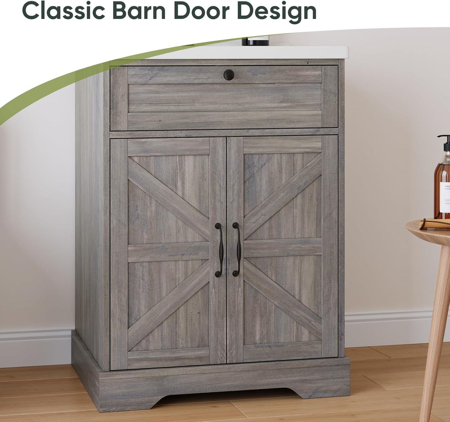 Smart FENDEE 22.83" Bathroom Vanity with Sink, Storage Cabinet with Barn Door & Drawer, Grey