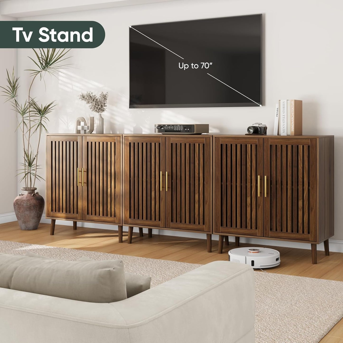 Smart FENDEE 31.5"W Sideboard Storage Cabinet with Slatted Doors and 1 Adjustable Shelf, Walnut