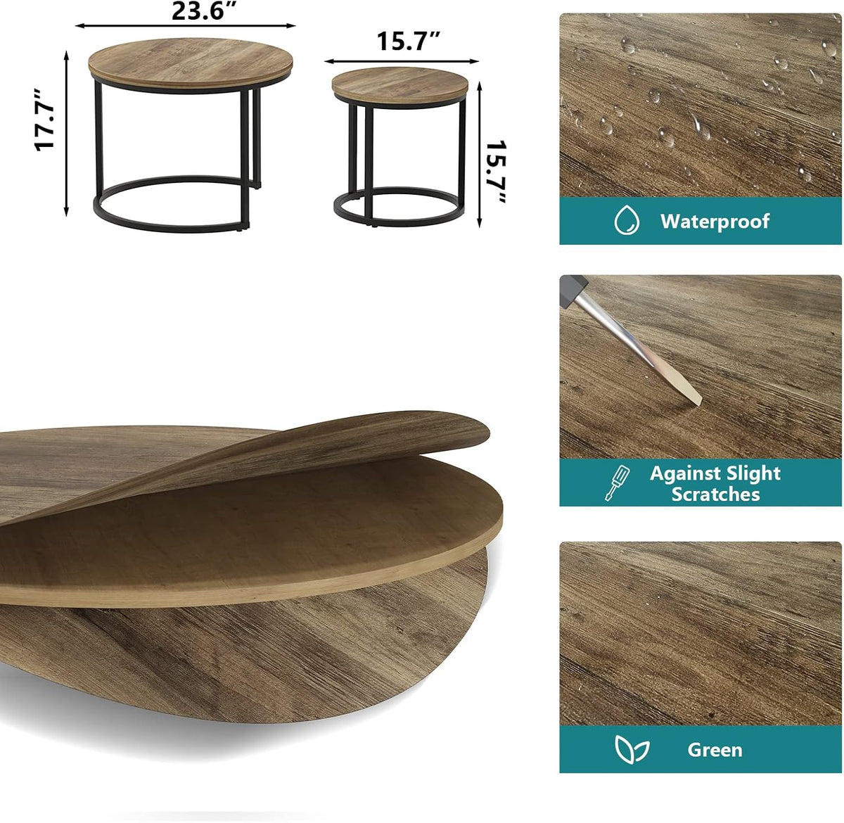 Smart FENDEE Round Coffee Table Set,Nesting Table for Living Room,Rustic Brown, Sturdy Wood