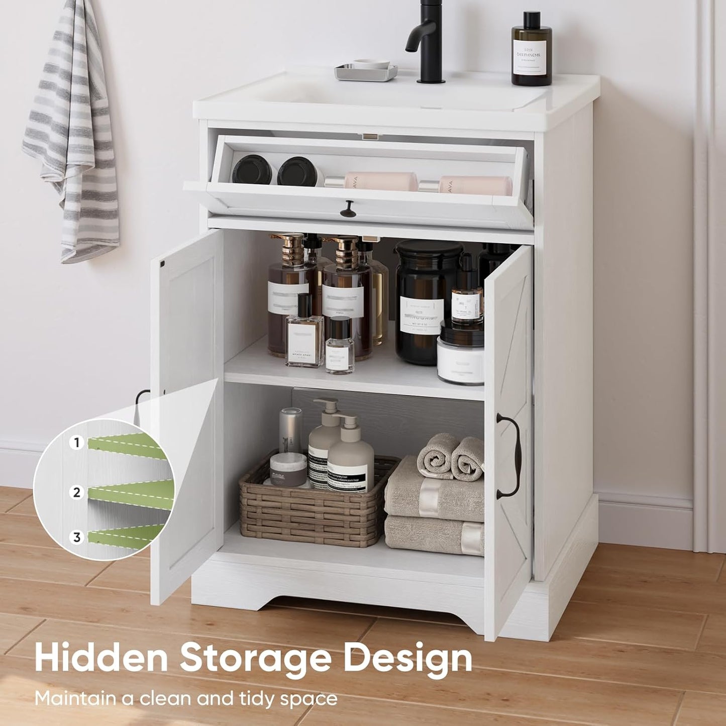 Smart FENDEE 23.62" Bathroom Vanity with Sink, Storage Cabinet with Barn Door & Drawer, White