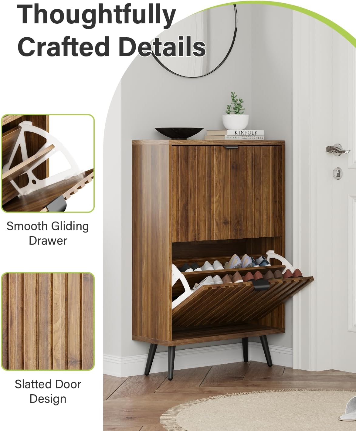 Smart FENDEE Shoe Cabinet with 2 Flip Drawers Slim Shoe Storage Cabinet, Entryway, Walnut, 23.6 in