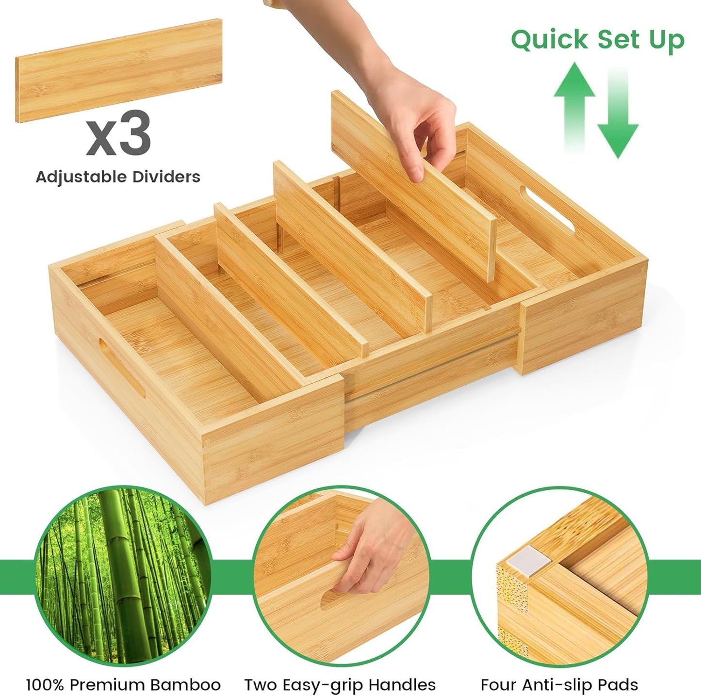 Semiocthome Bamboo Expandable Lid Organizer with 3 Adjustable Dividers,Drawer Caddy