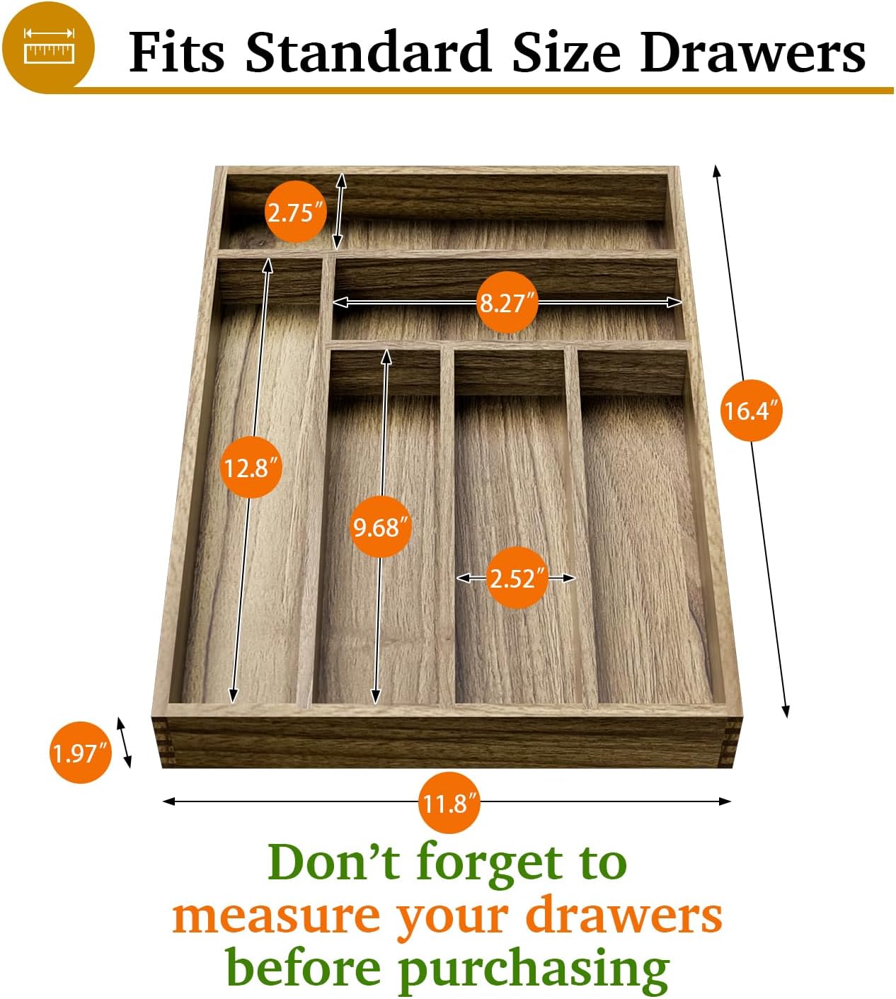 Semiocthome Acacia Wood Drawer Organizer Kitchen Silverware Organizer Utensil Caddy,6 Slots