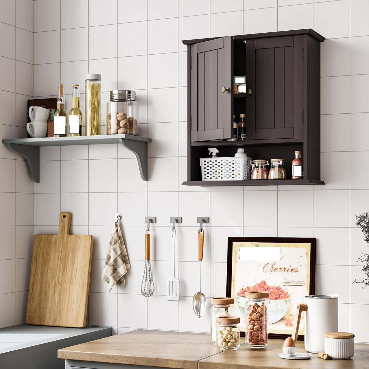 Semiocthome Bathroom Medicine Cabinet Wood 2 Doors Wall Cabinet over the Toilet Storage in Brown