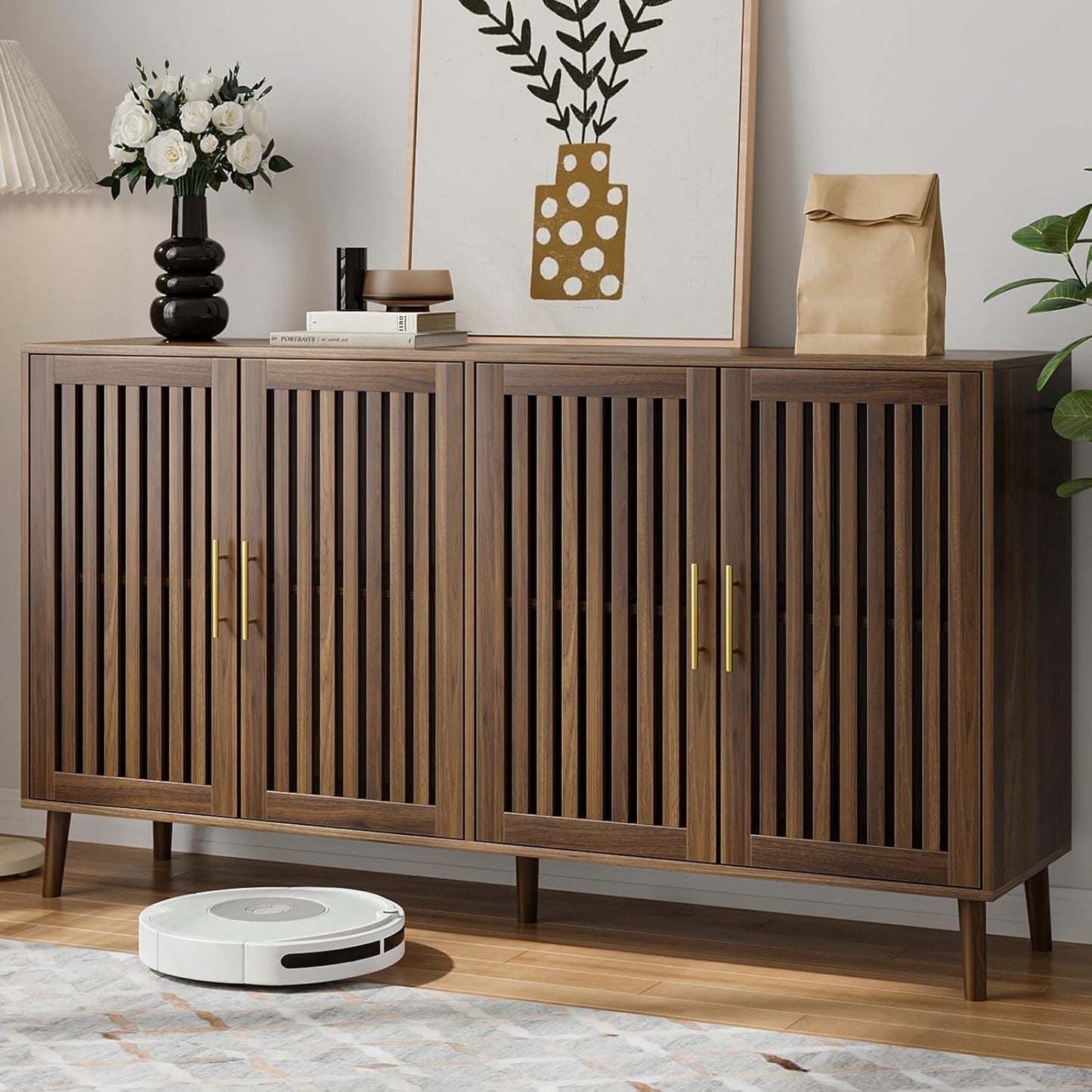 Semiocthome Sideboards and Buffets with 4 Doors and Adjustable Shelve,Coffee Bar for Kitchen, Walnut