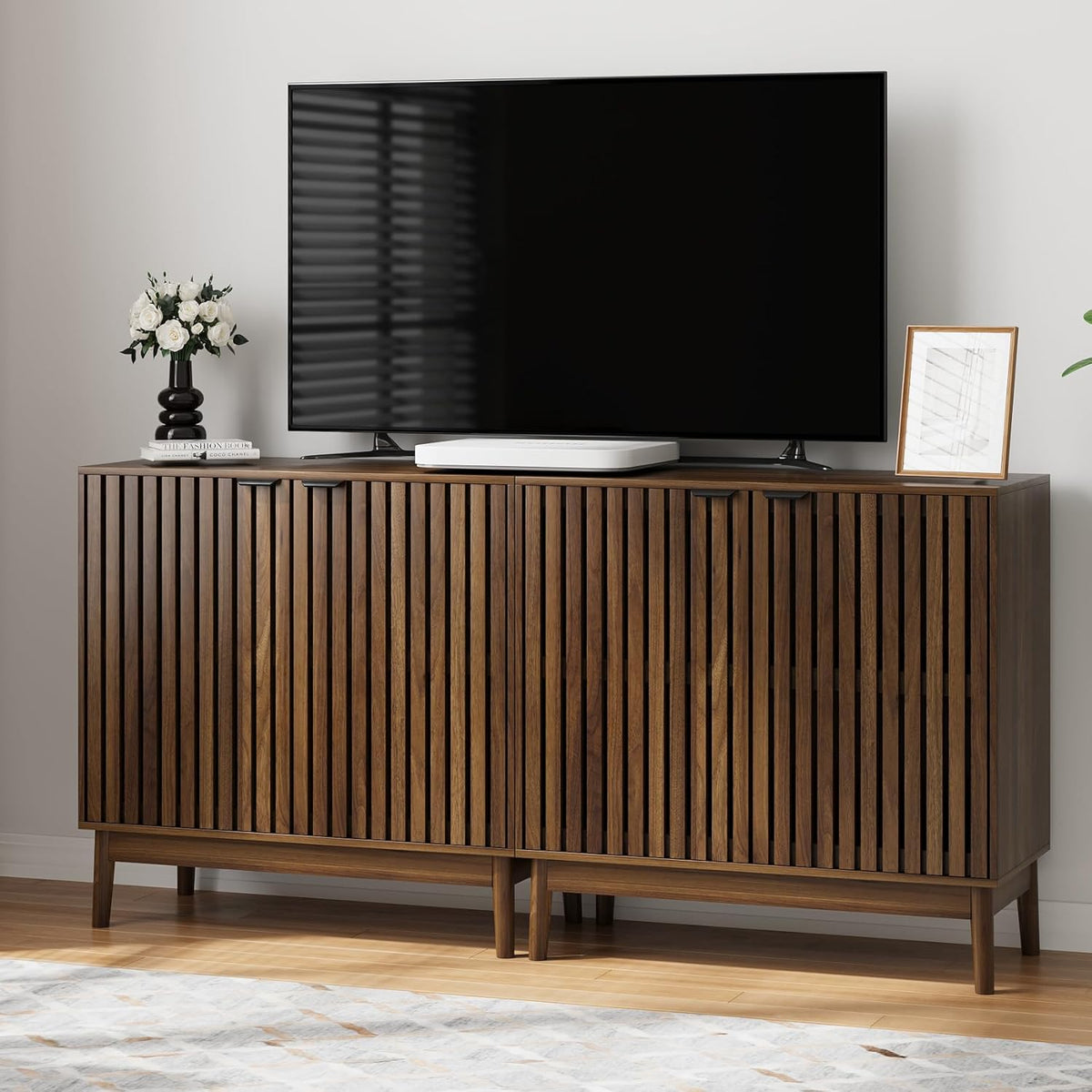Smart FENDEE Kitchen Buffet Cabinet with Adjustable Shelf, Wood Coffee Bar Cabinet,Set of 2,Walnut