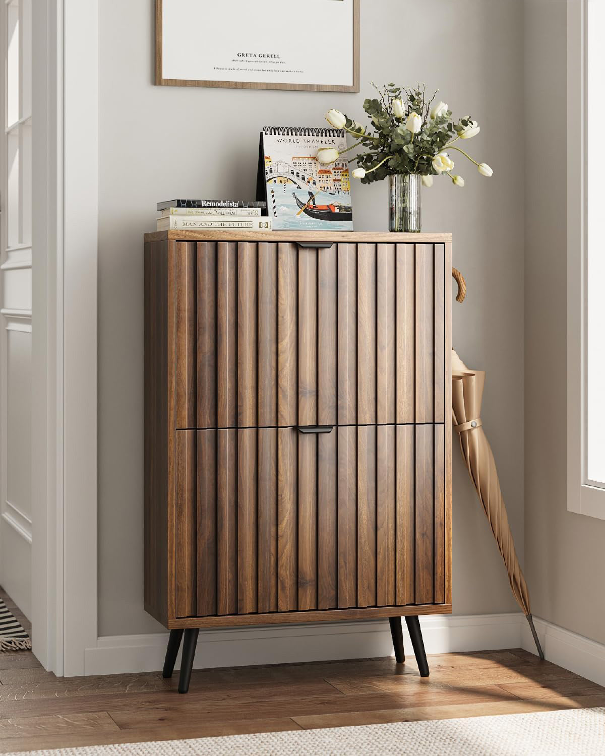 Smart FENDEE Shoe Cabinet with 2 Flip Drawers Slim Shoe Storage Cabinet, Entryway, Walnut, 23.6 in