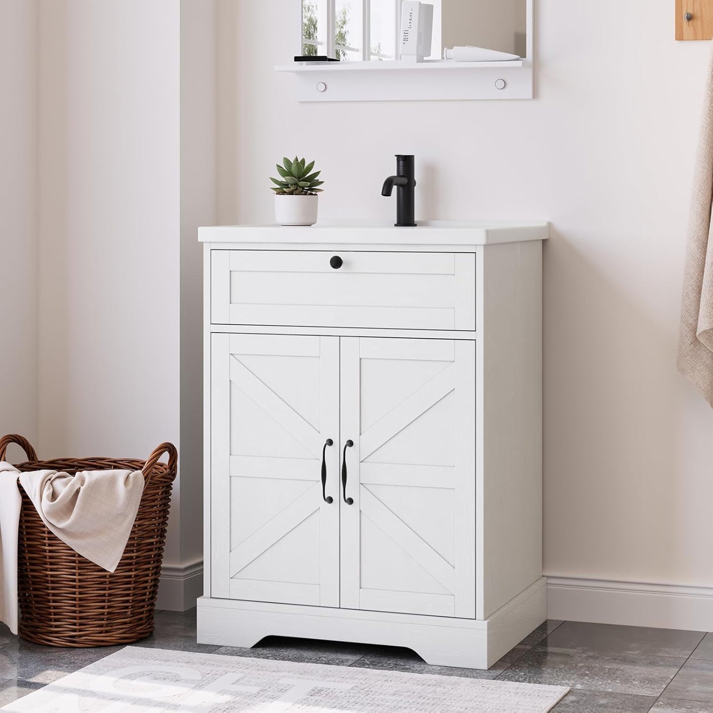 Smart FENDEE 23.62" Bathroom Vanity with Sink, Storage Cabinet with Barn Door & Drawer, White