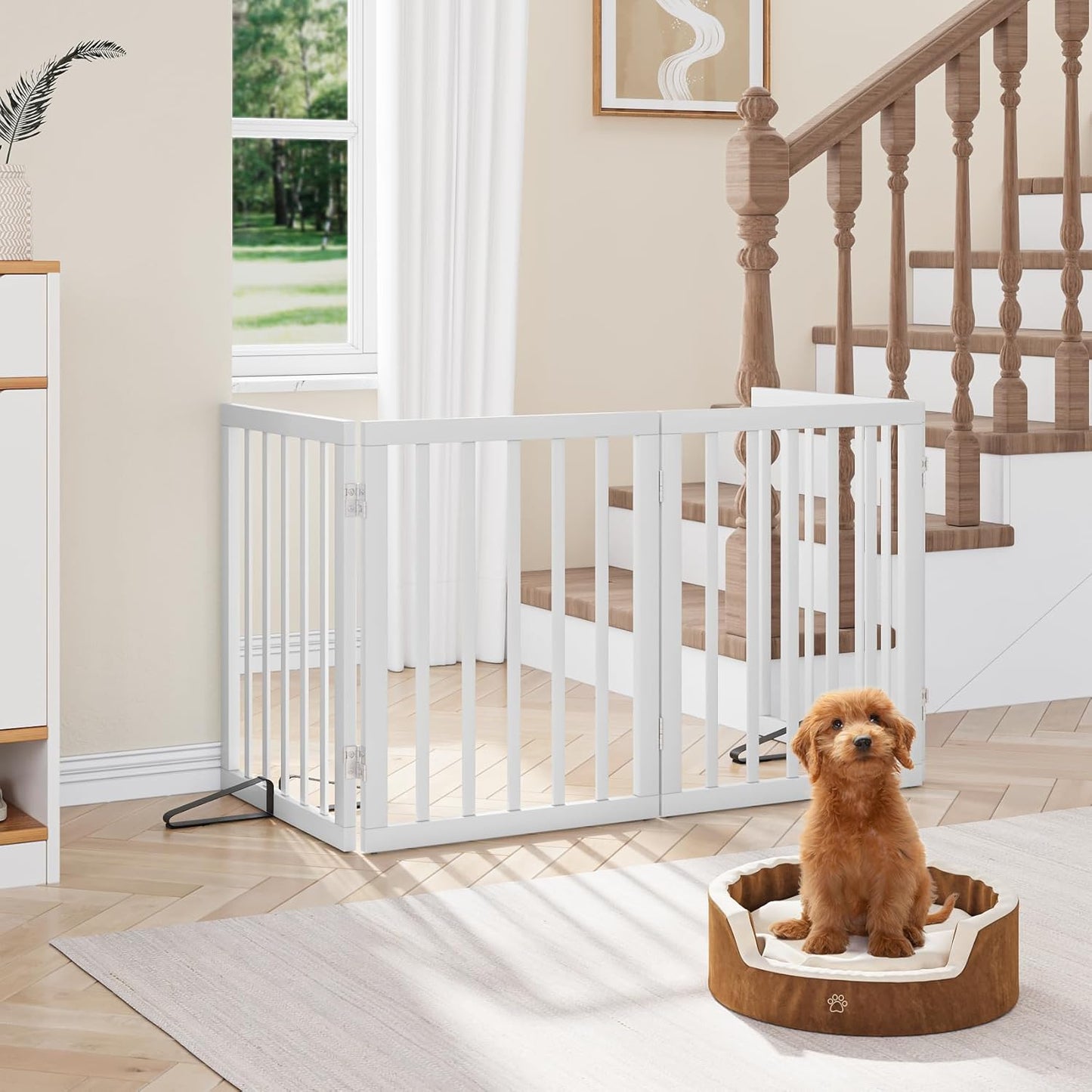 Smart FENDEE Foldable Dog Gate Bamboo Pet Gate Extra Wide Dog Fence for Doorway,24"H,White,4 Panels