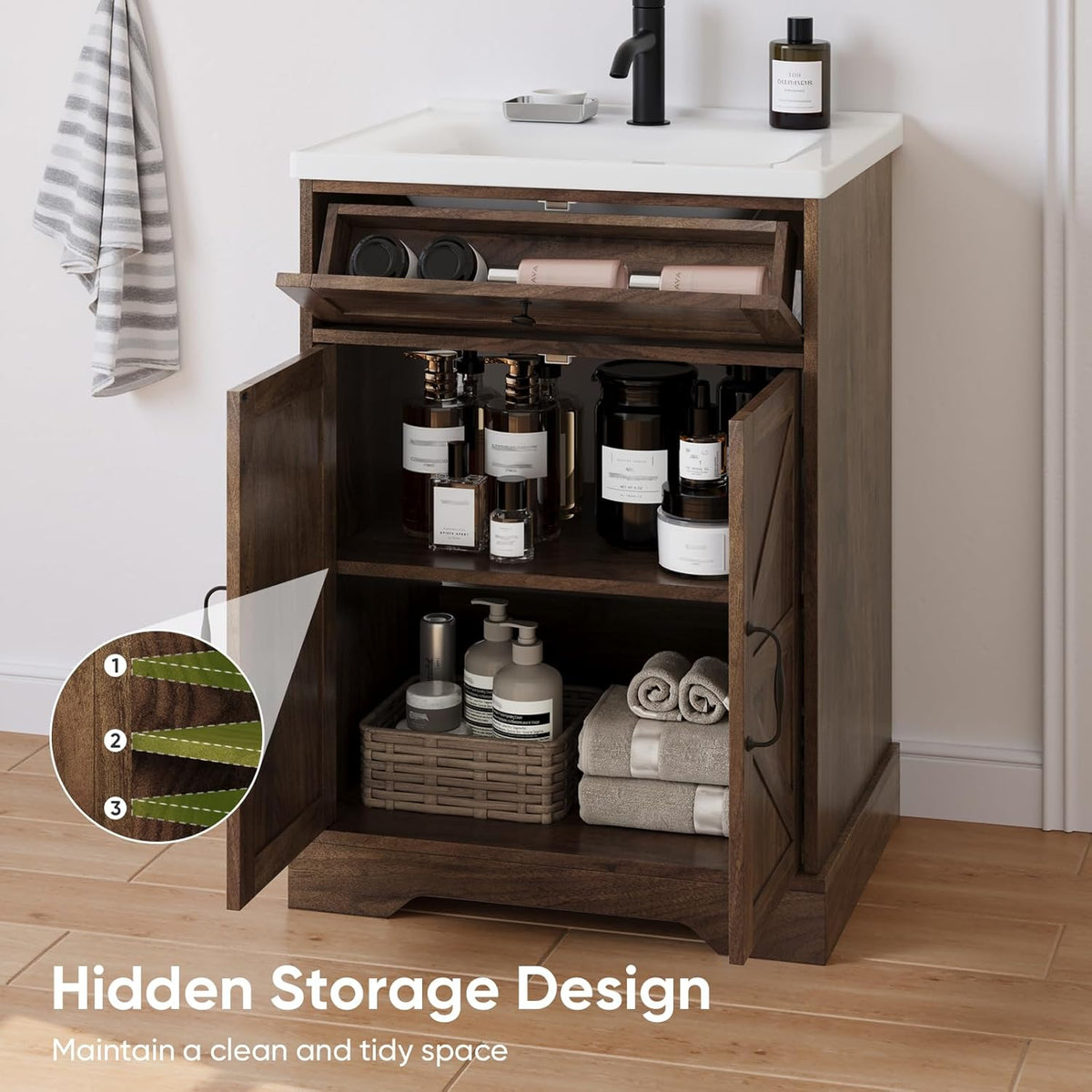 Smart FENDEE 23.62" Bathroom Vanity with Sink, Storage Cabinet with Barn Door & Drawer, Walnut