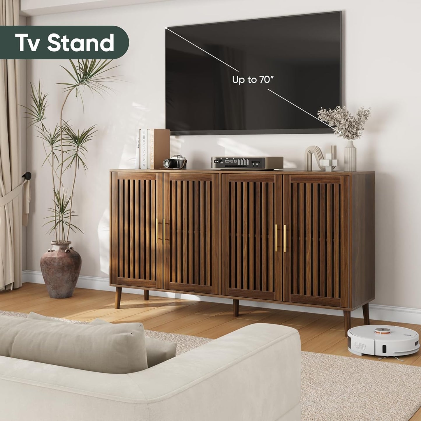Smart FENDEE 63"W Sideboard Storage Cabinet with Slatted Doors and Adjustable Shelf,Dining Room,Walnut